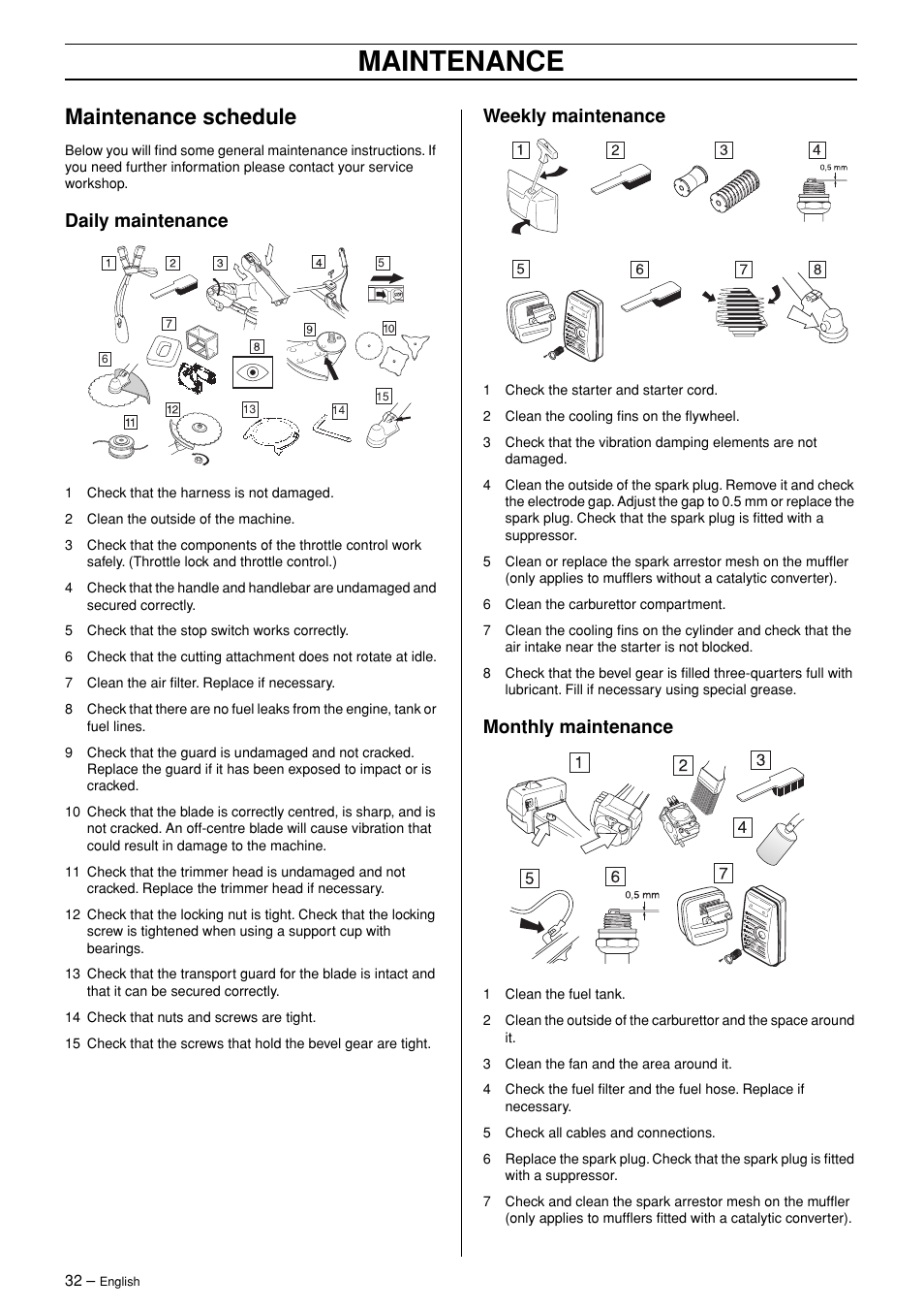 Maintenance schedule, Daily maintenance, Weekly maintenance | Monthly maintenance, Maintenance | Husqvarna 245R User Manual | Page 32 / 43