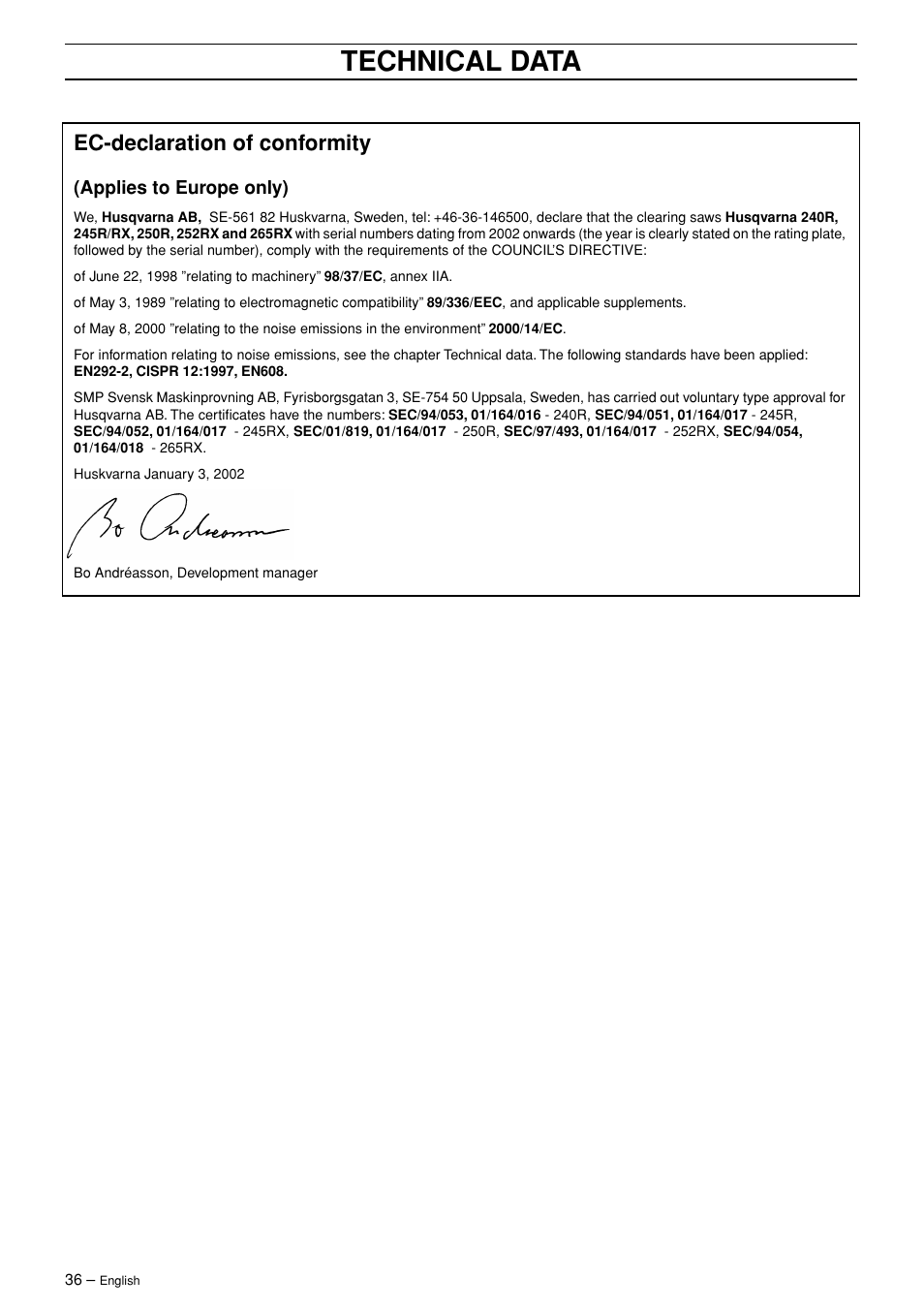 Ec-declaration of conformity, Applies to europe only), Technical data | Husqvarna 245R User Manual | Page 36 / 43