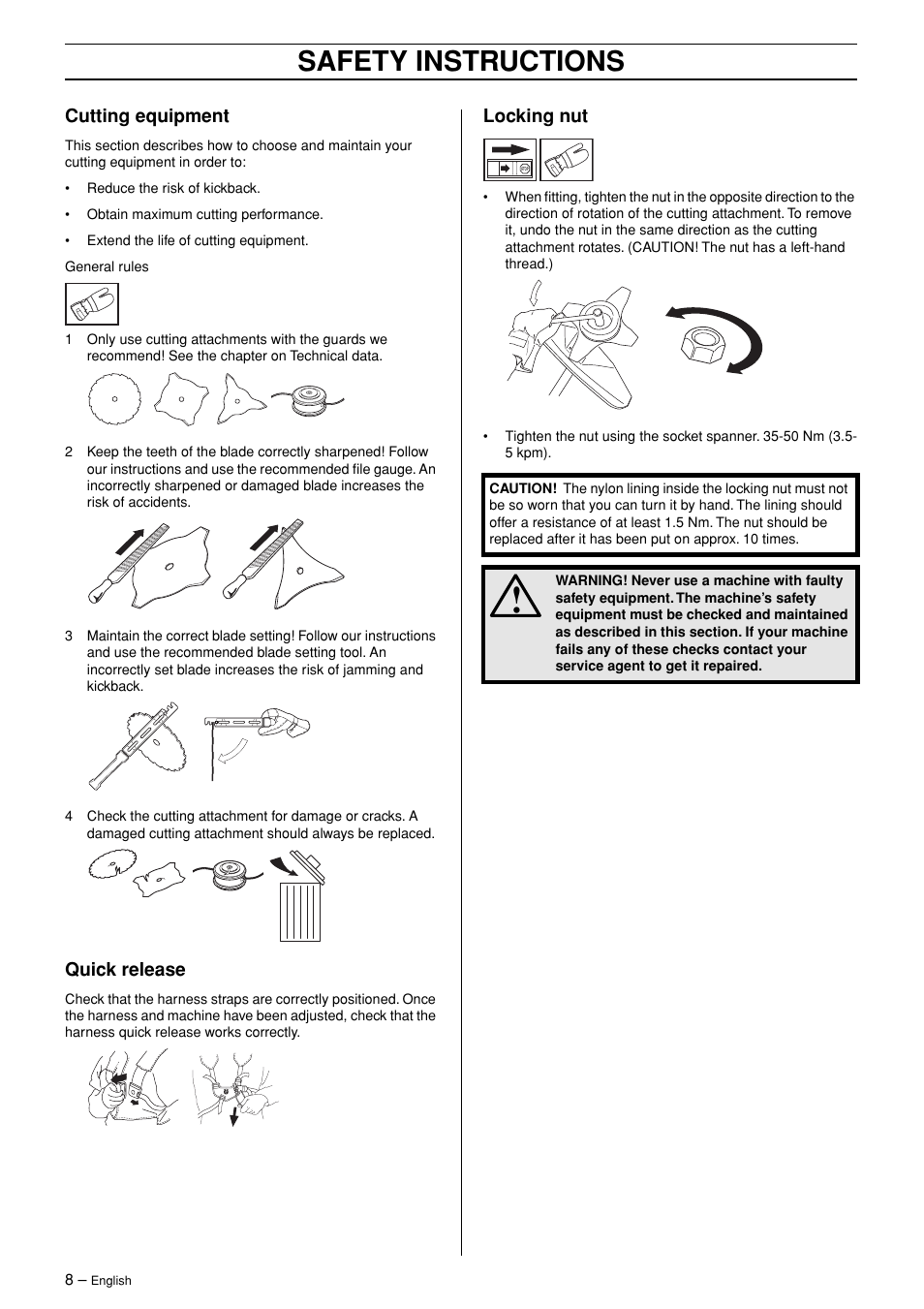 Cutting equipment, Quick release, Locking nut | Safety instructions | Husqvarna 245R User Manual | Page 8 / 43