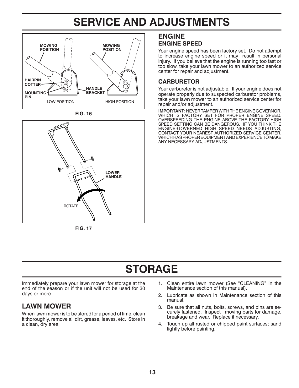 Storage, Service and adjustments storage, Engine | Lawn mower | Husqvarna 532424695 User Manual | Page 13 / 21
