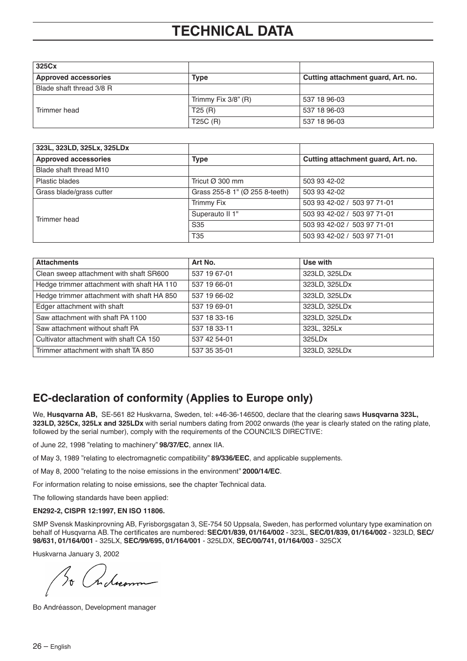 Technical data | Husqvarna 325 LX User Manual | Page 26 / 36
