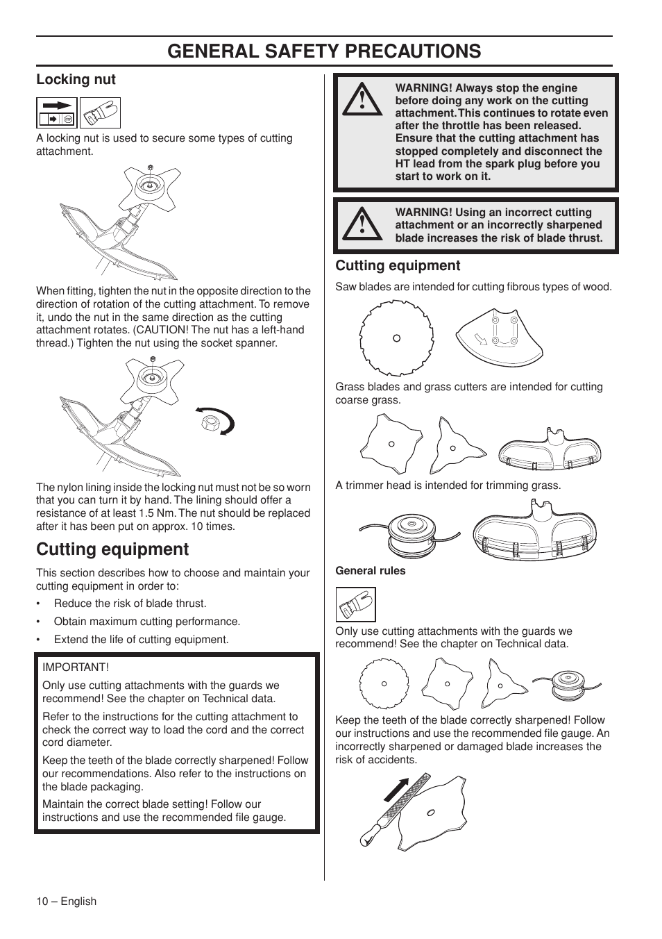 Locking nut, Cutting equipment, General safety precautions | Husqvarna 333R User Manual | Page 10 / 44