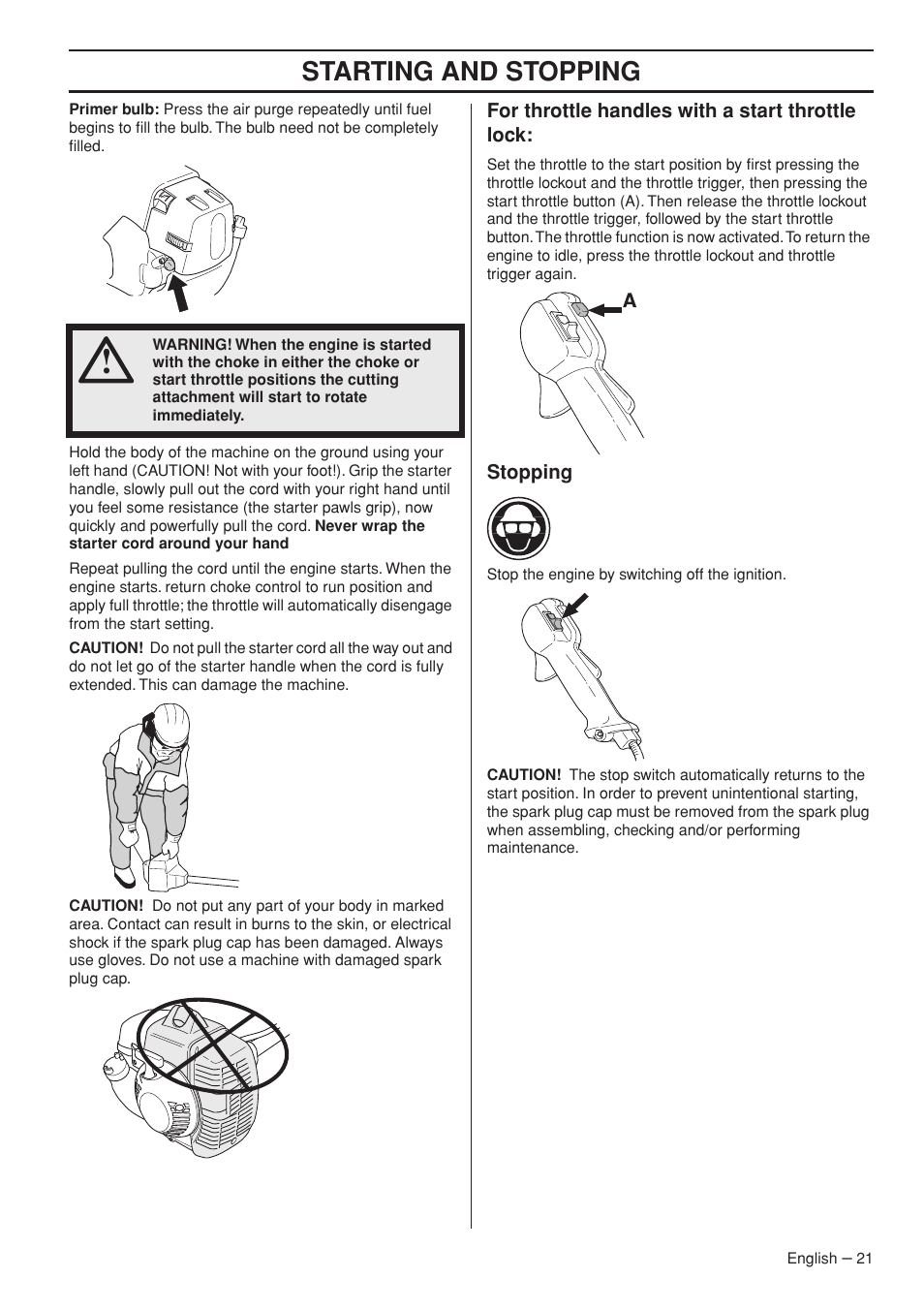 For throttle handles with a start throttle lock, Stopping, Starting and stopping | Husqvarna 333R User Manual | Page 21 / 44