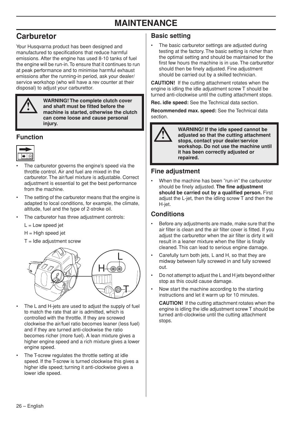 Carburetor, Function, Basic setting | Fine adjustment, Conditions, Hl t, Maintenance | Husqvarna 333R User Manual | Page 26 / 44
