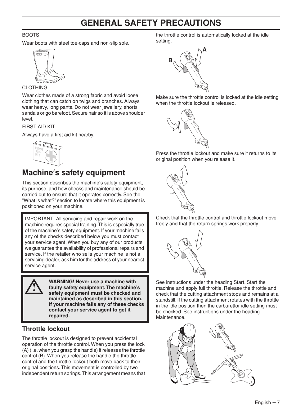 Machine¢s safety equipment, Throttle lockout, General safety preca utions | Mac hine ′ s safety equipment | Husqvarna 333R User Manual | Page 7 / 44