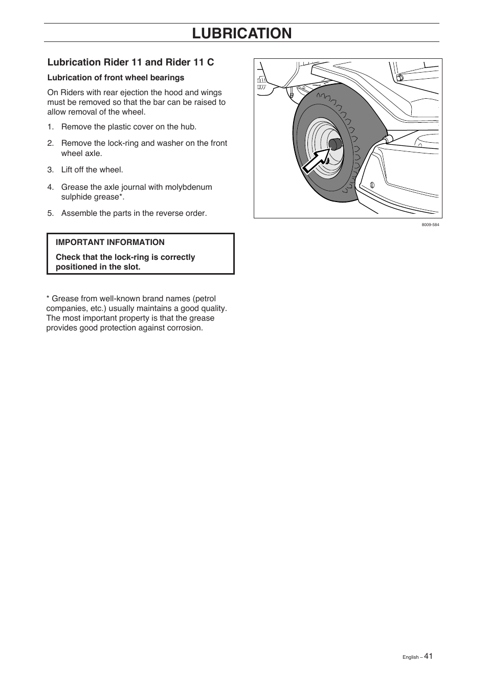 Lubrication, Lubrication rider 11 and rider 11 c | Husqvarna 11 C User Manual | Page 43 / 52