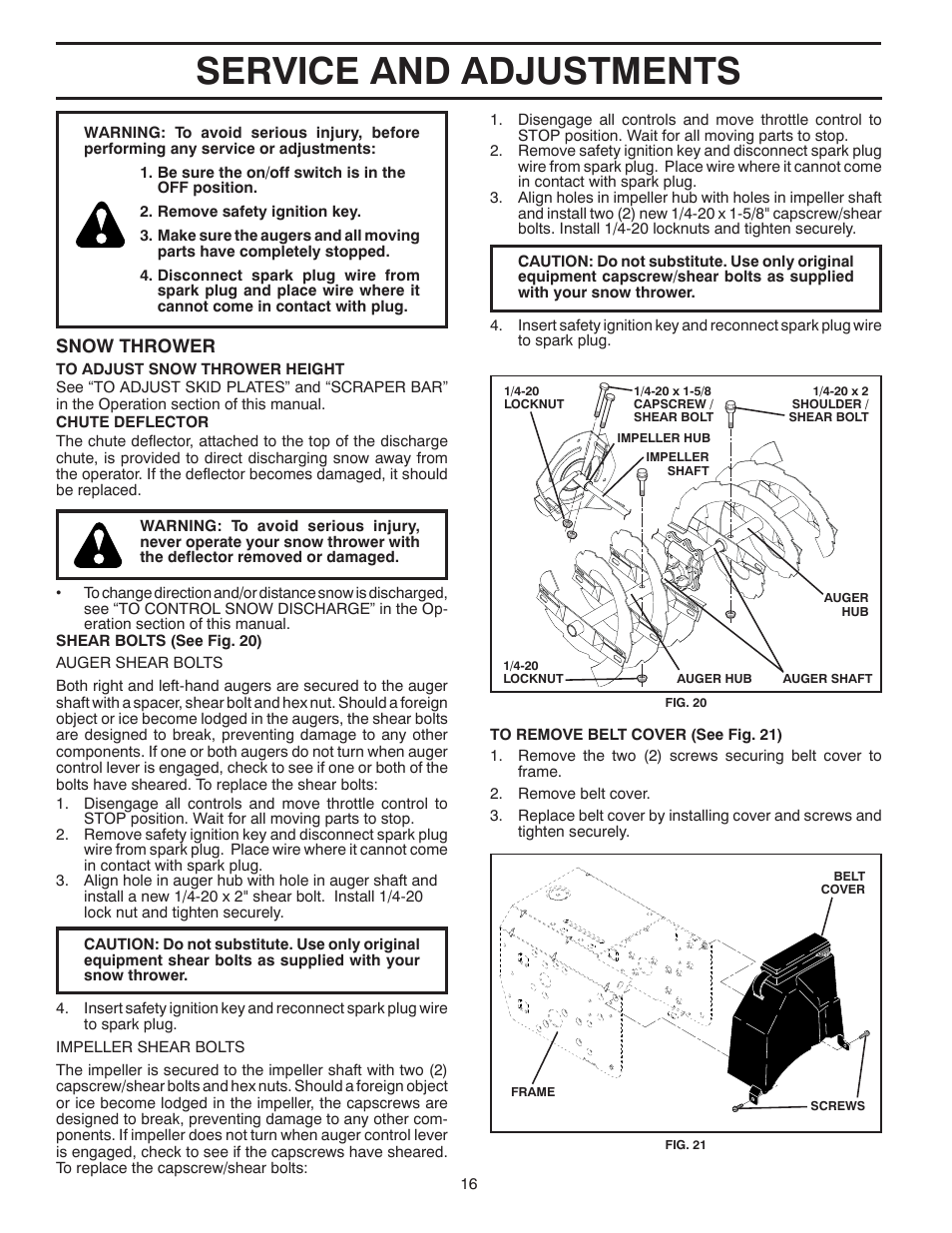 Service and adjustments, Snow thrower | Husqvarna 96193005700 User Manual | Page 16 / 24