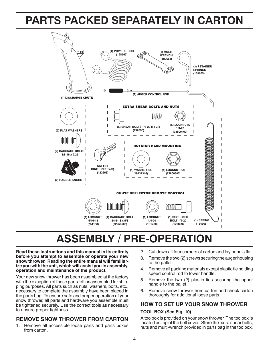 Assembly, Parts packed separately in carton, Assembly / pre-operation | Remove snow thrower from car ton, How to set up your snow thrower | Husqvarna 96193005700 User Manual | Page 4 / 24