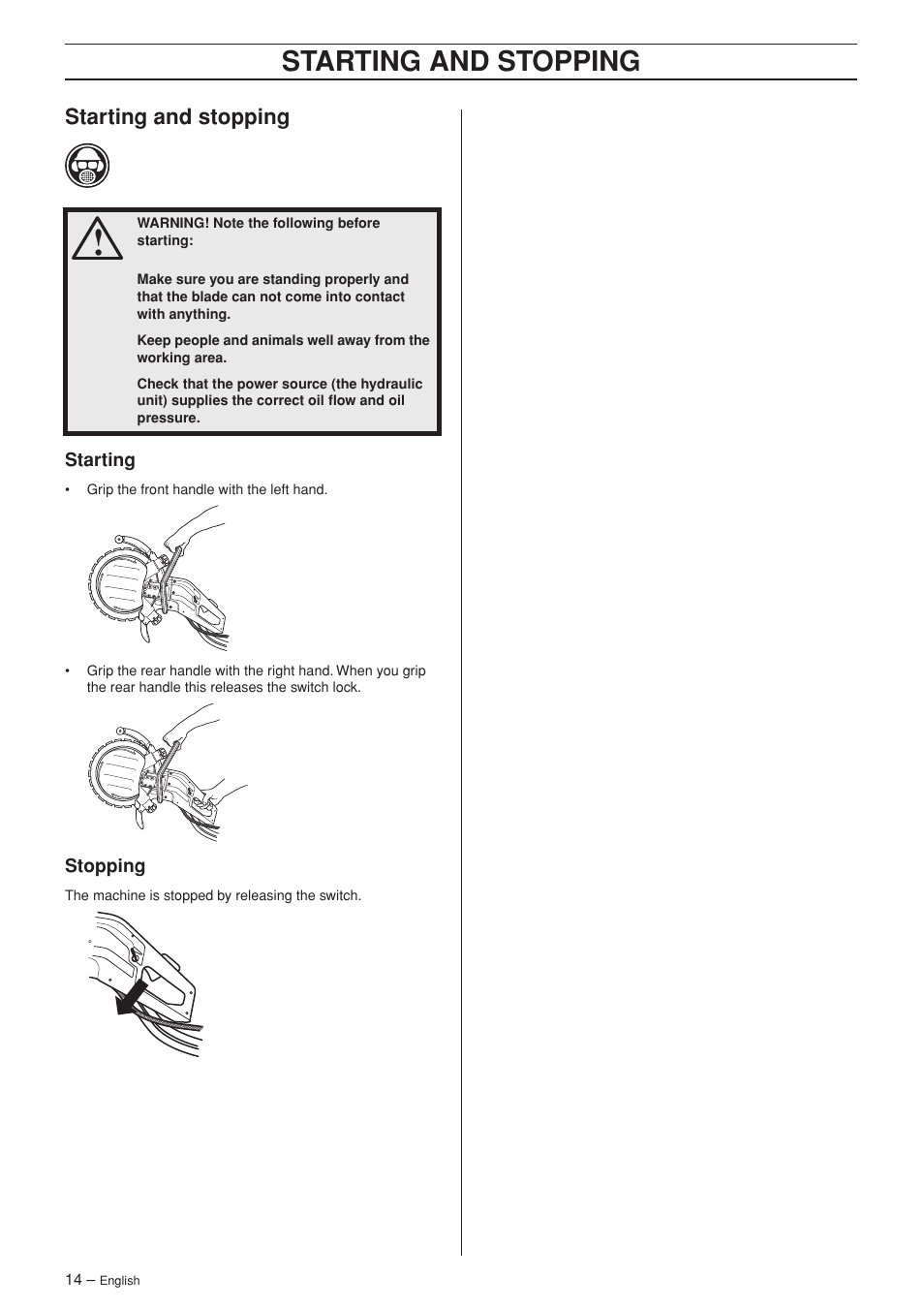 Starting and stopping, Starting, Stopping | Husqvarna K 3600 MKII User Manual | Page 14 / 24