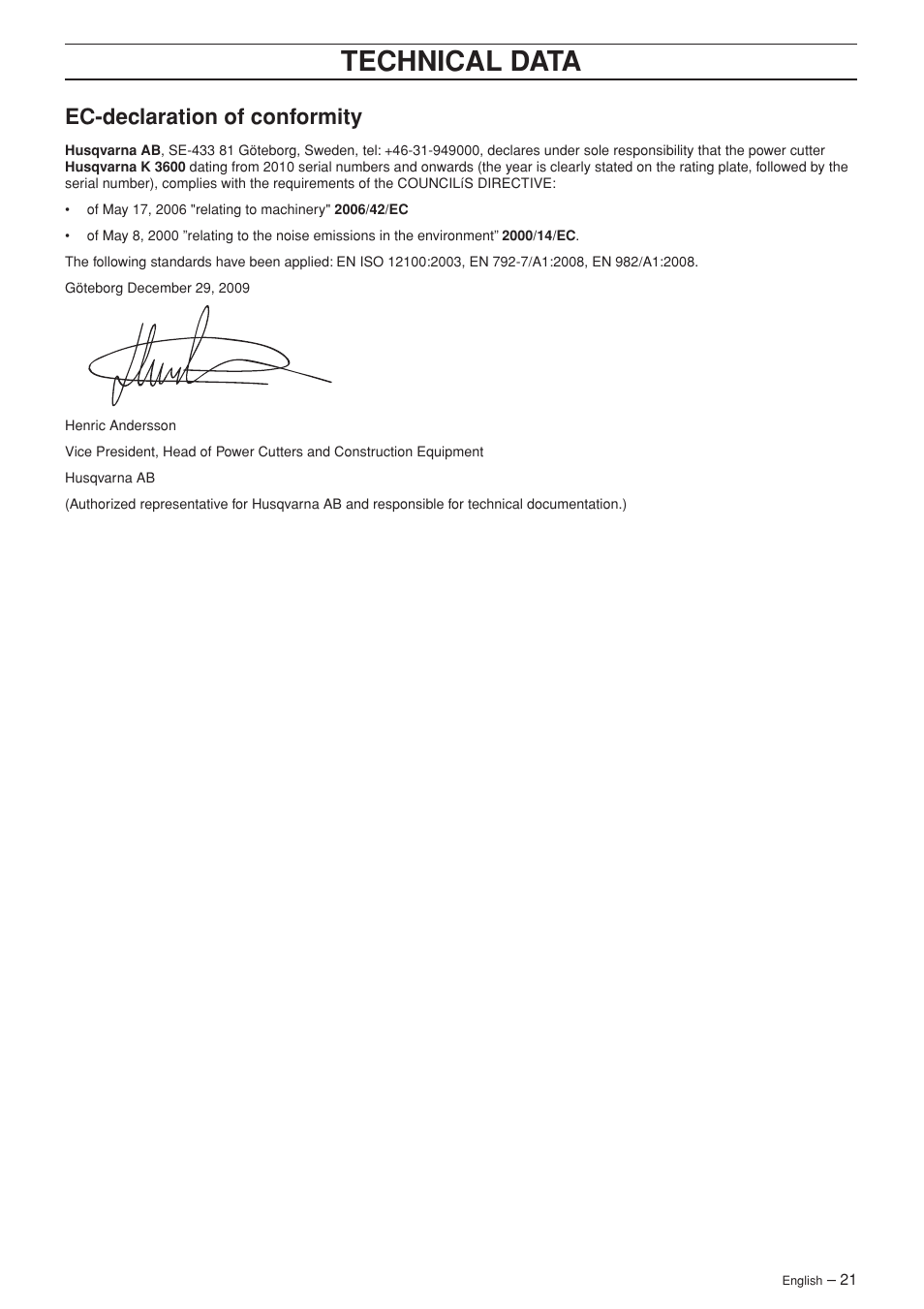 Ec-declaration of conformity, Technical data | Husqvarna K 3600 MKII User Manual | Page 21 / 24