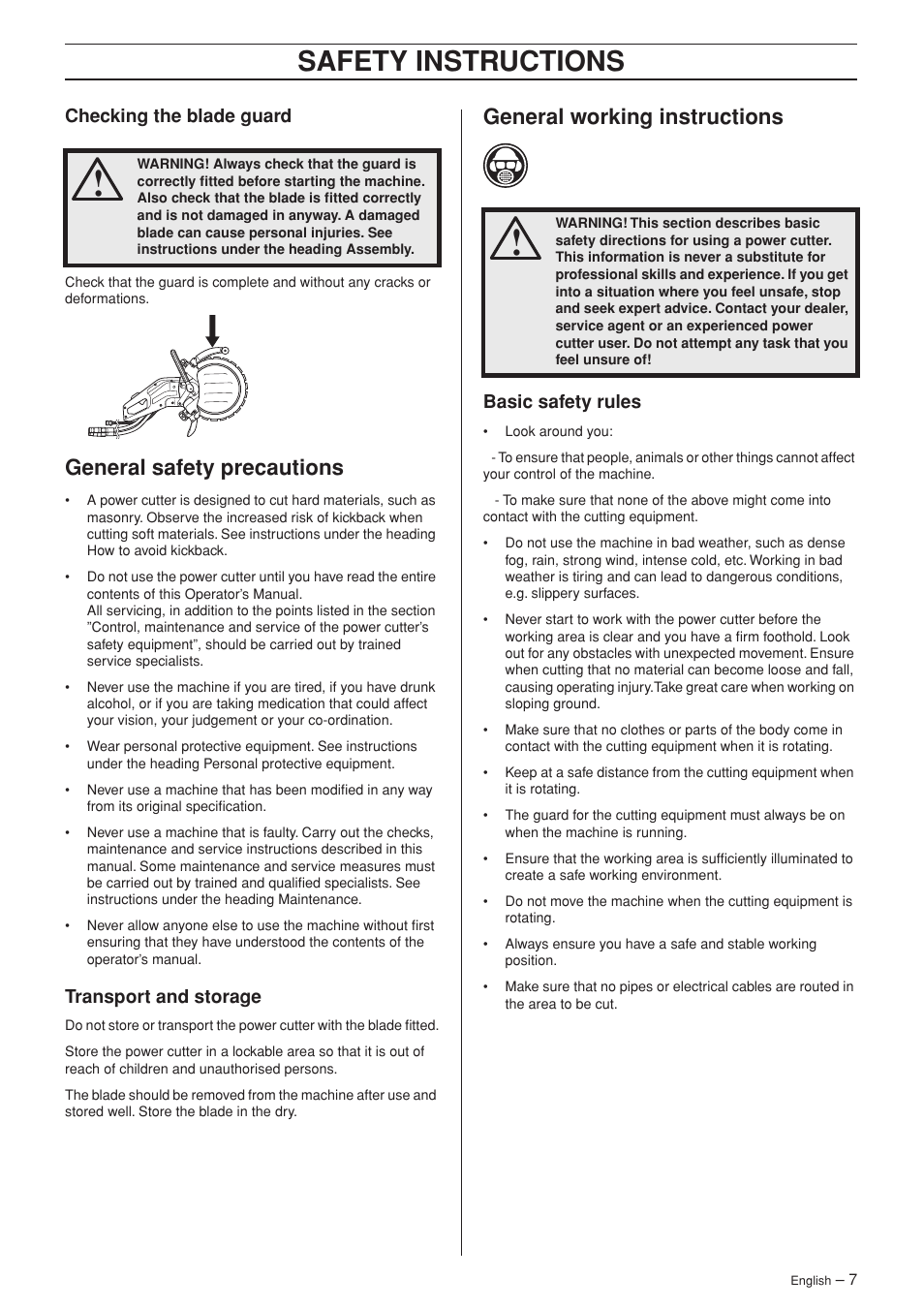 Checking the blade guard, General safety precautions, Transport and storage | General working instructions, Basic safety rules, Safety instructions | Husqvarna K 3600 MKII User Manual | Page 7 / 24