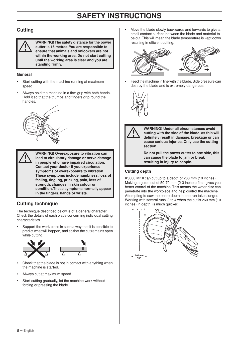 Cutting, Cutting technique, Safety instructions | Husqvarna K 3600 MKII User Manual | Page 8 / 24