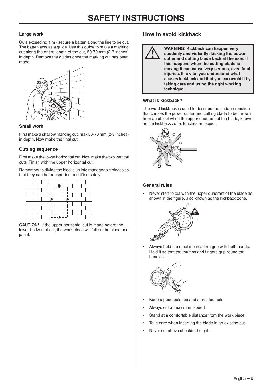 How to avoid kickback, Safety instructions | Husqvarna K 3600 MKII User Manual | Page 9 / 24