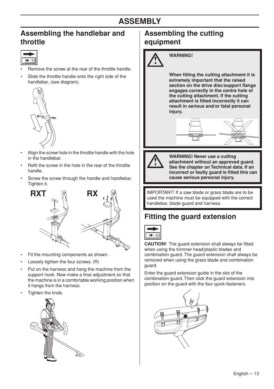 Assembling the handlebar and throttle, Assembling the cutting equipment, Fitting the guard extension | Assembly, Rxt rx | Husqvarna 535RX User Manual | Page 13 / 44