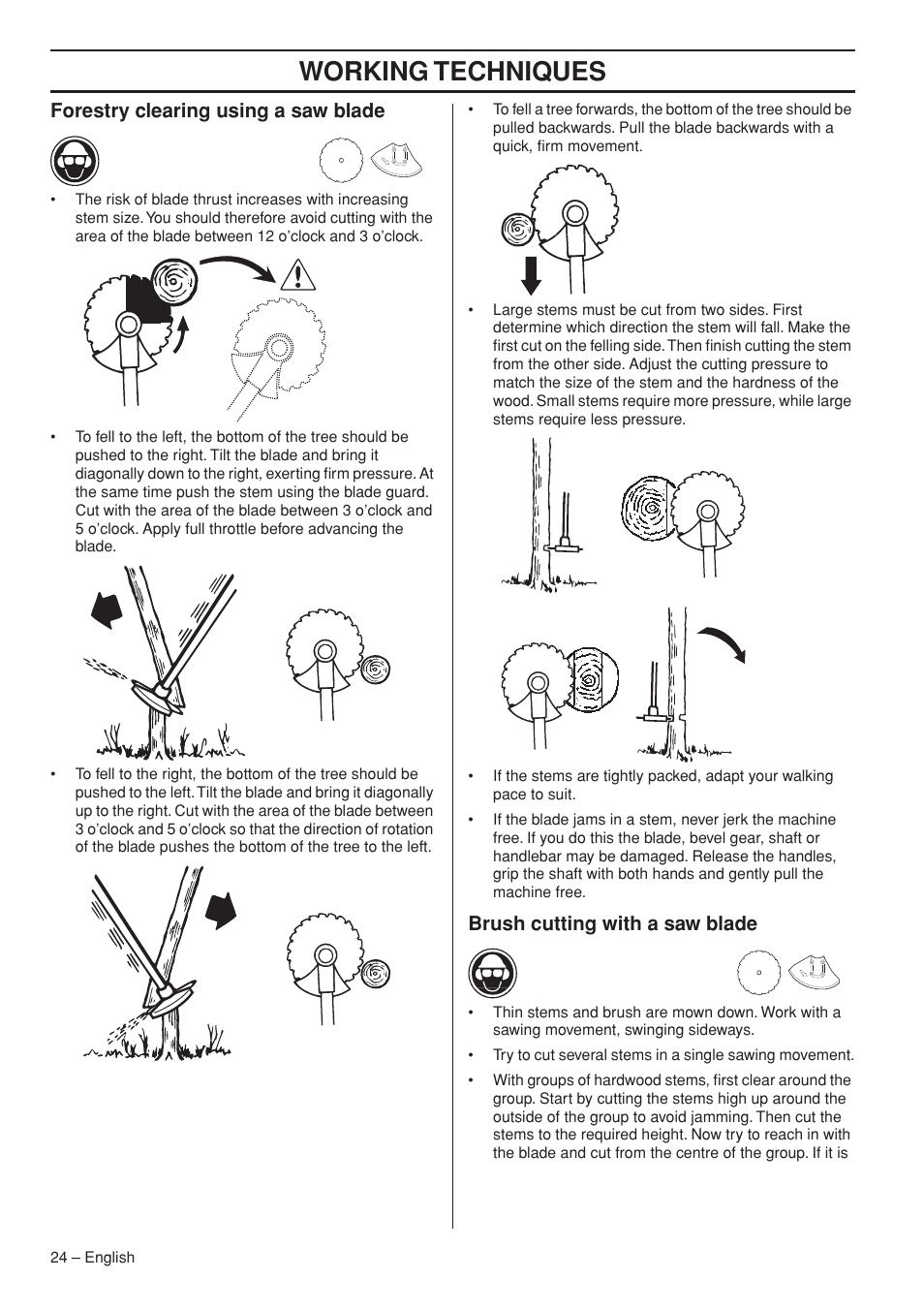 Forestry clearing using a saw blade, Brush cutting with a saw blade, Working techniques | Husqvarna 535RX User Manual | Page 24 / 44