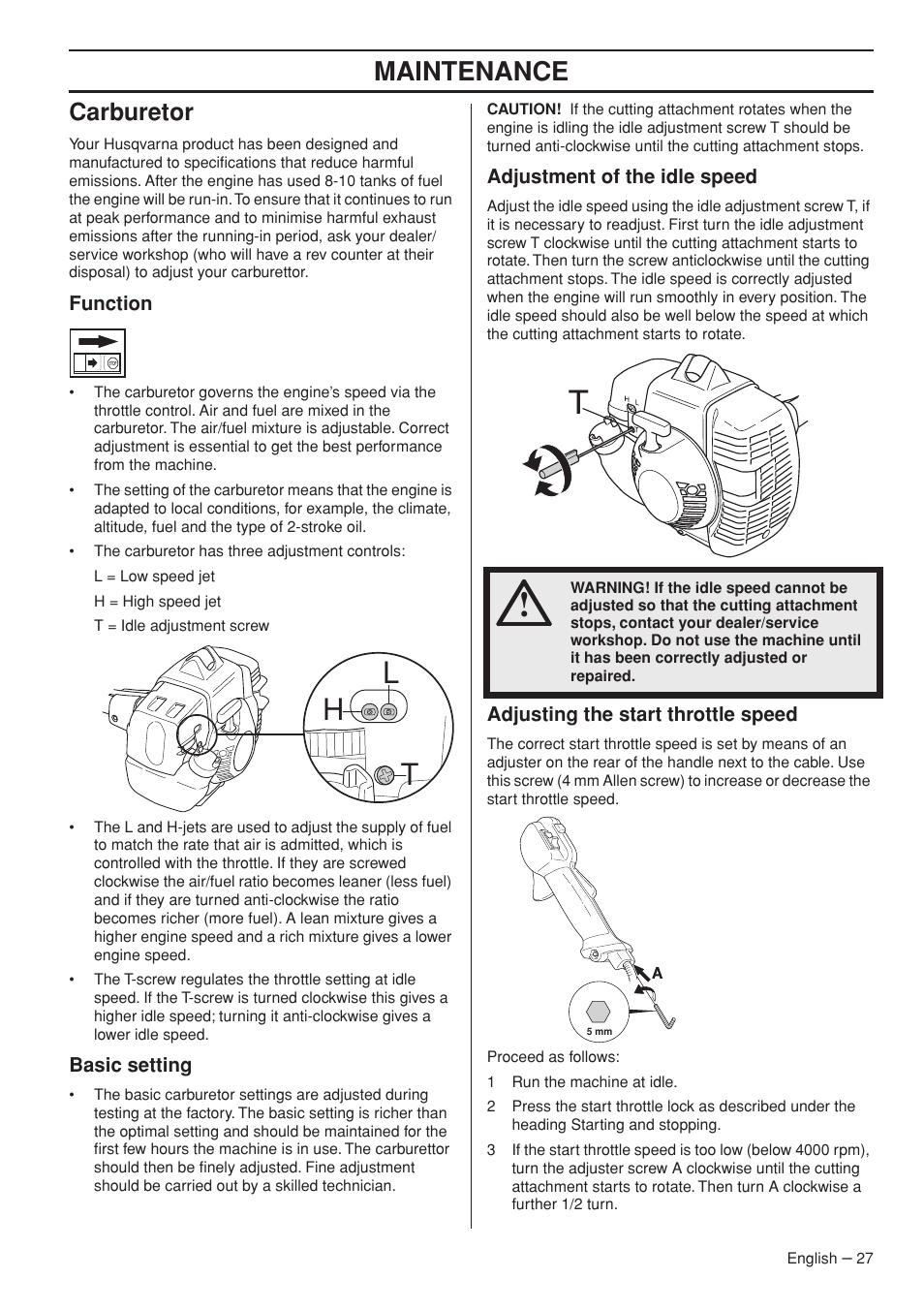 Carburetor, Function, Basic setting | Adjustment of the idle speed, Adjusting the start throttle speed, Hl t, Maintenance | Husqvarna 535RX User Manual | Page 27 / 44