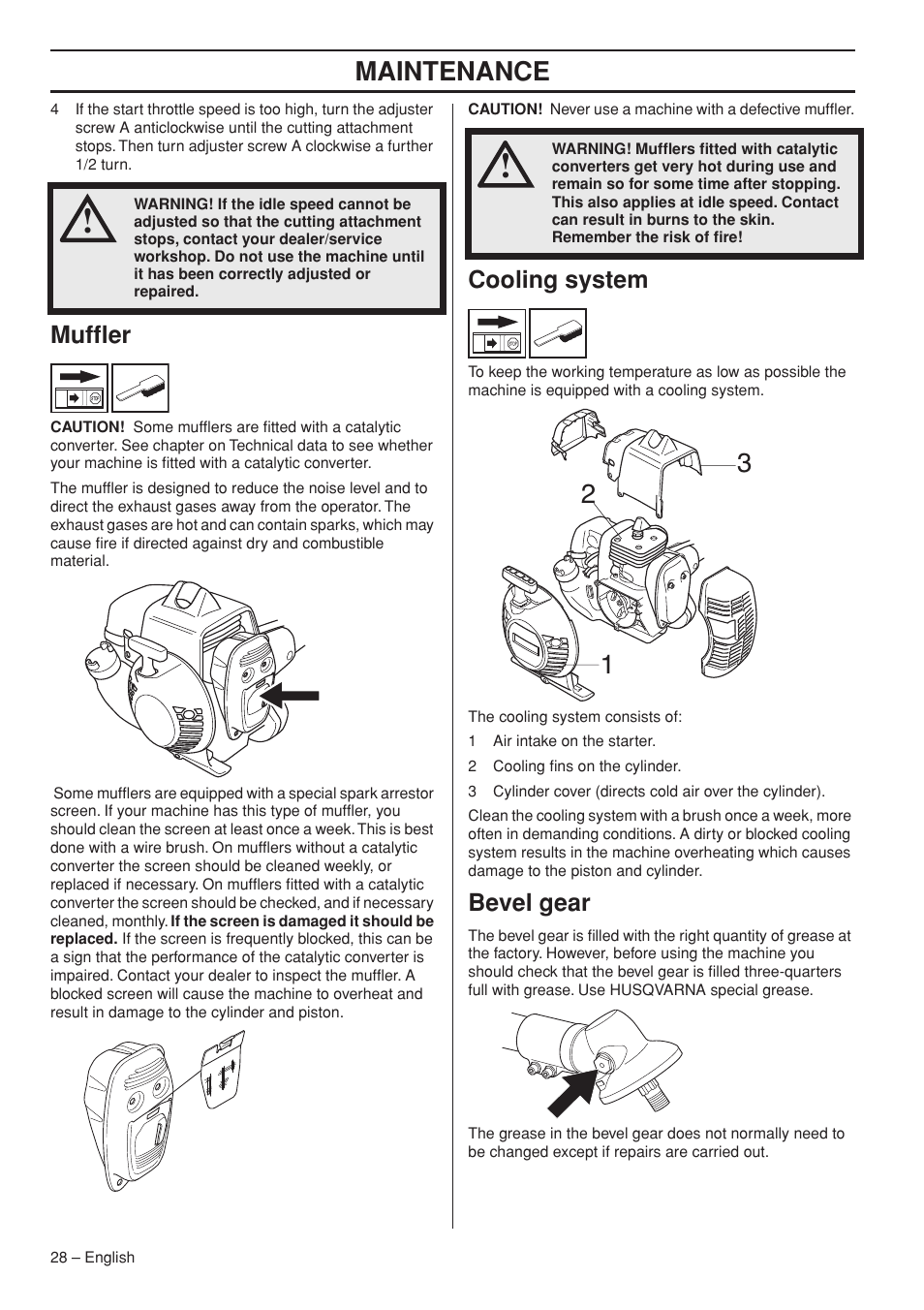 Muffler, Cooling system, Bevel gear | Maintenance | Husqvarna 535RX User Manual | Page 28 / 44