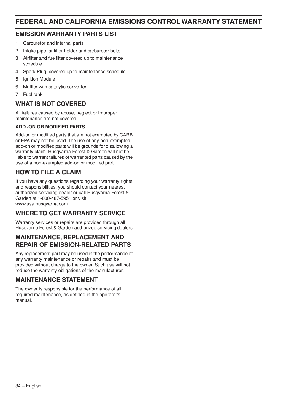 Emission warranty parts list, What is not covered, How to file a claim | Where to get warranty service, Maintenance statement | Husqvarna 535RX User Manual | Page 34 / 44