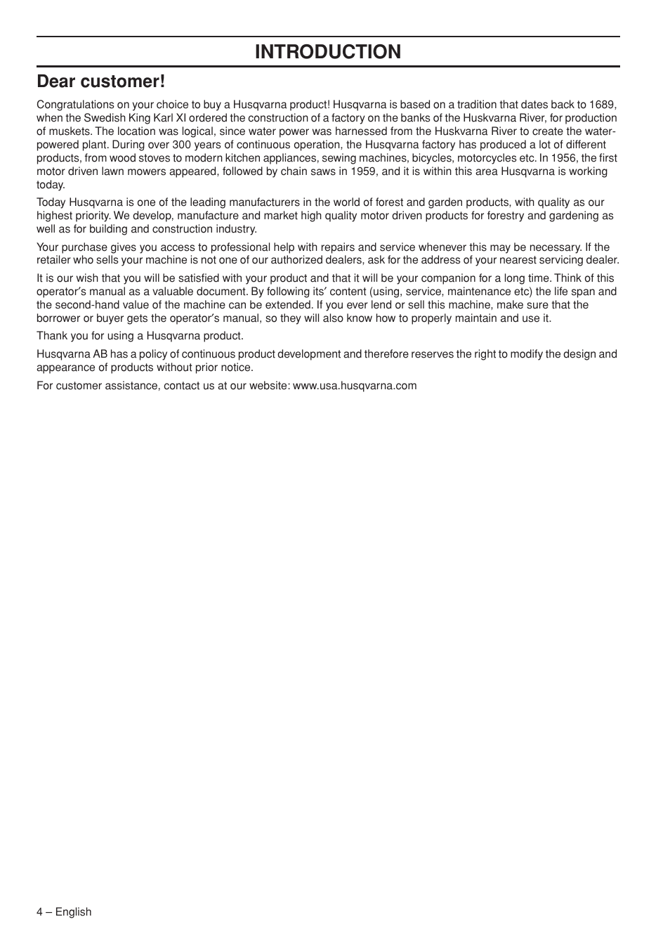 Dear customer, Intr oduction | Husqvarna 535RX User Manual | Page 4 / 44