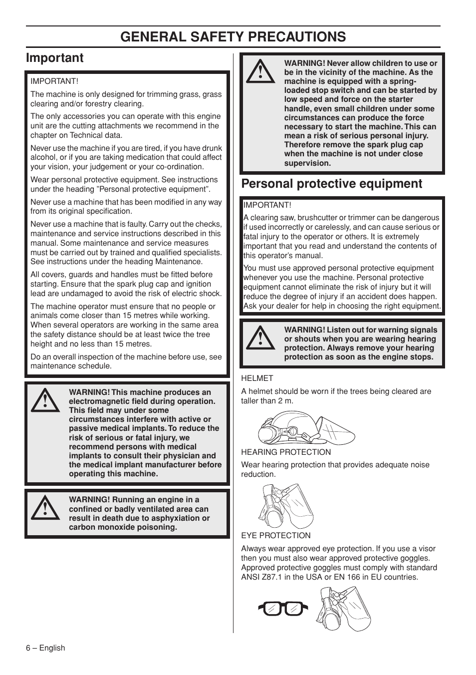 Important, Personal protective equipment, General safety preca utions | Impor tant personal protective equipment | Husqvarna 535RX User Manual | Page 6 / 44