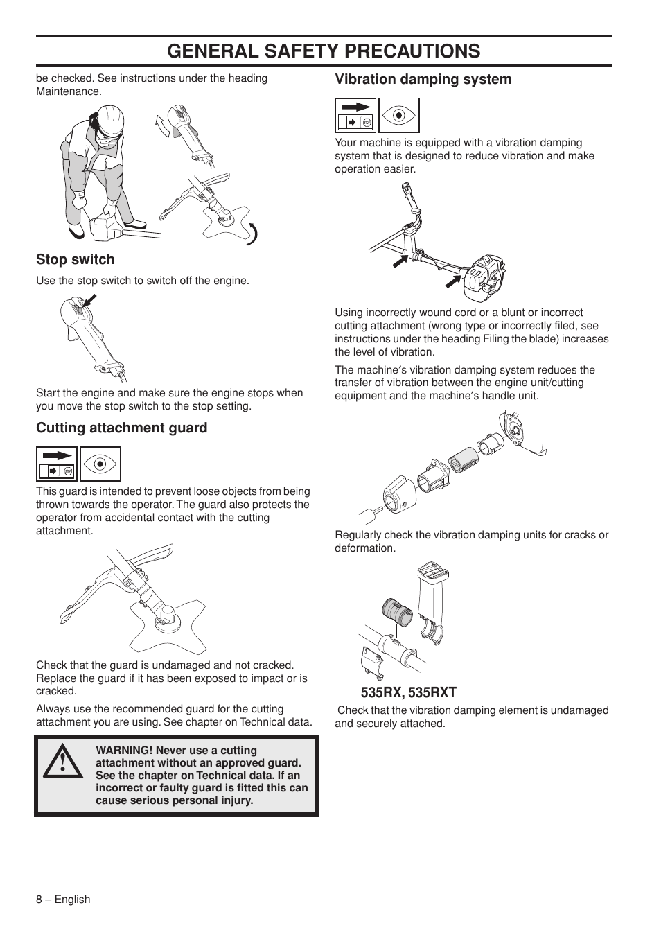 Stop switch, Cutting attachment guard, Vibration damping system | General safety preca utions | Husqvarna 535RX User Manual | Page 8 / 44