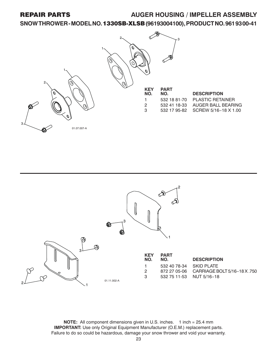 Auger bearings / skids, Repair parts auger housing / impeller assembly | Husqvarna 1330SB-XLSB User Manual | Page 23 / 40
