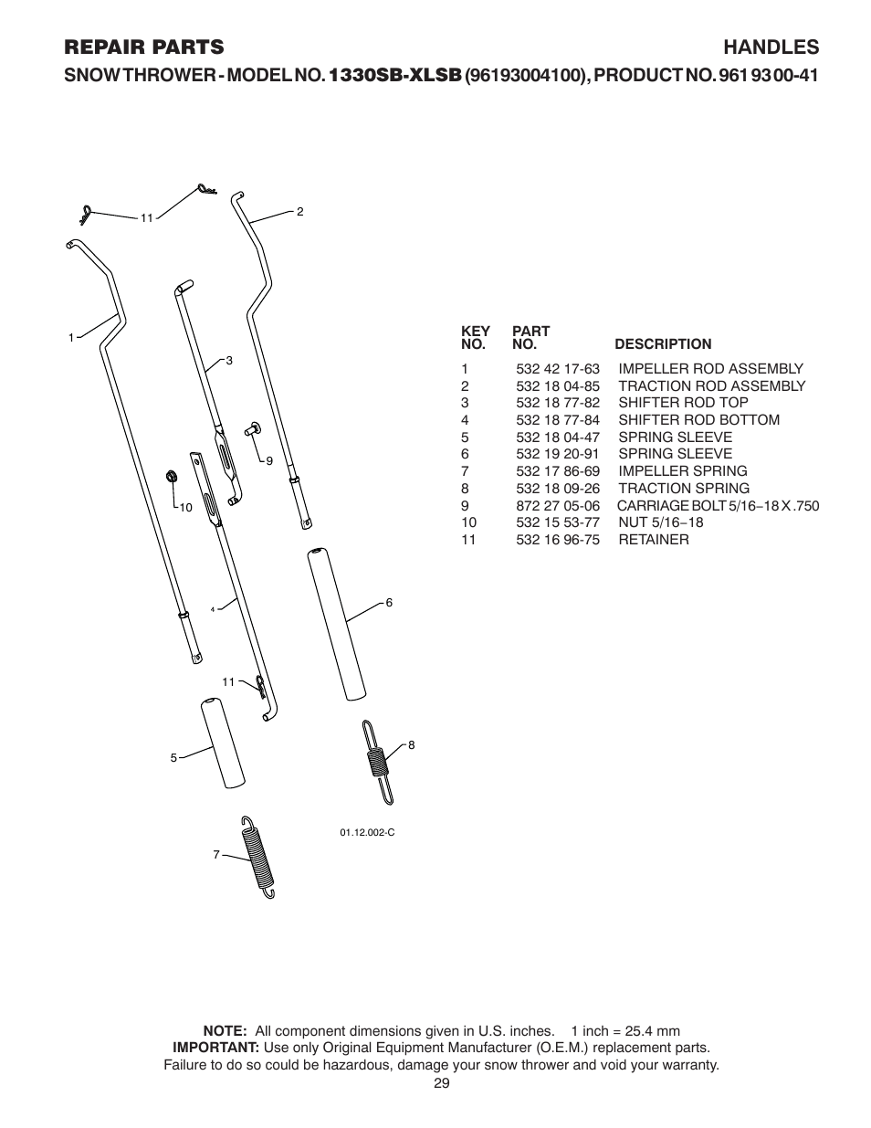 Linkage / rods, Repair parts handles | Husqvarna 1330SB-XLSB User Manual | Page 29 / 40