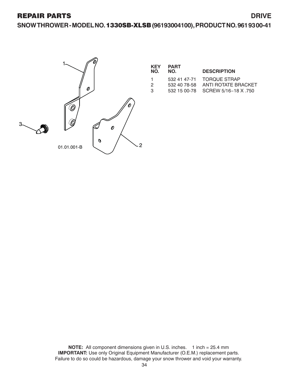 Torque strap, Repair parts drive | Husqvarna 1330SB-XLSB User Manual | Page 34 / 40