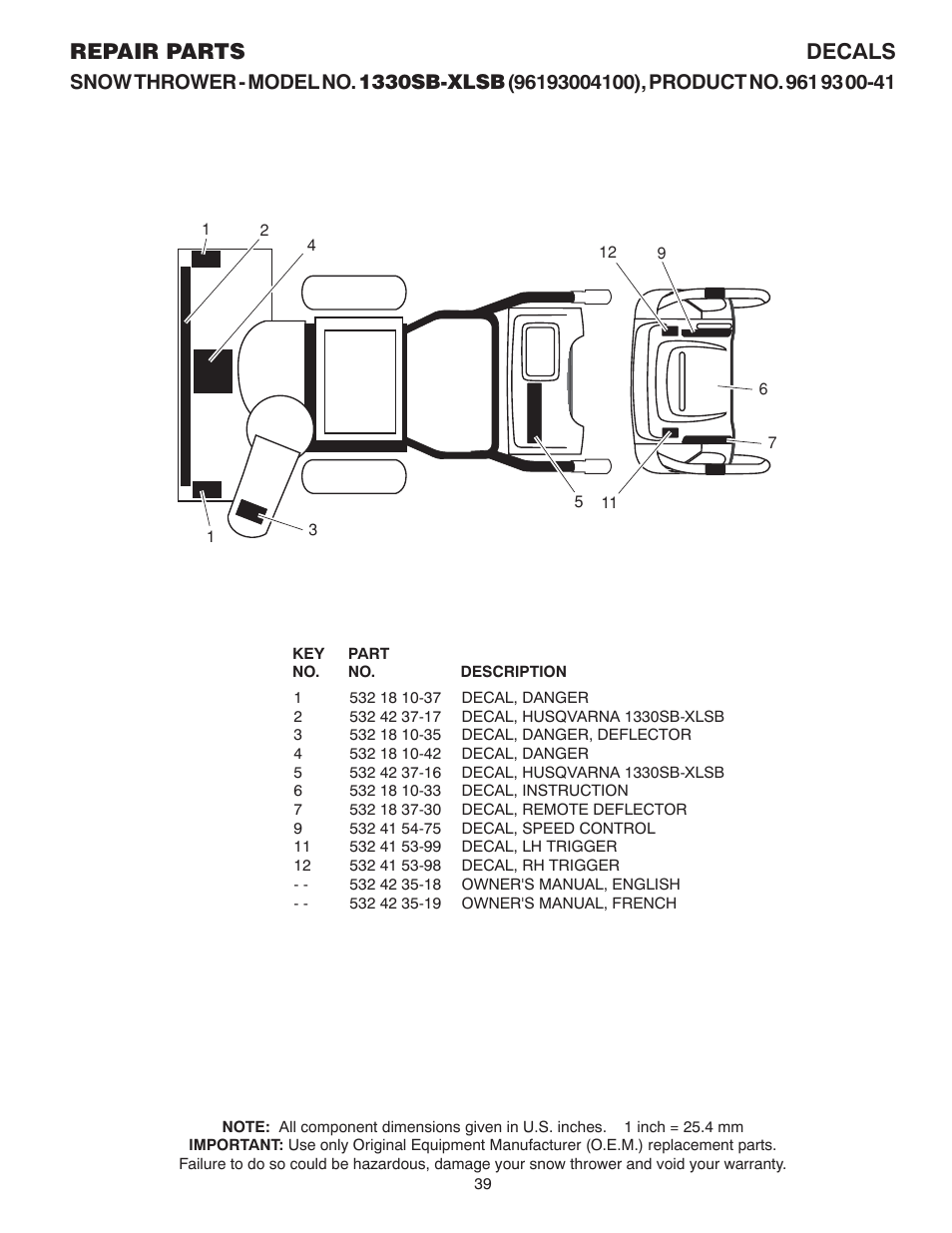Decals, Repair parts decals | Husqvarna 1330SB-XLSB User Manual | Page 39 / 40