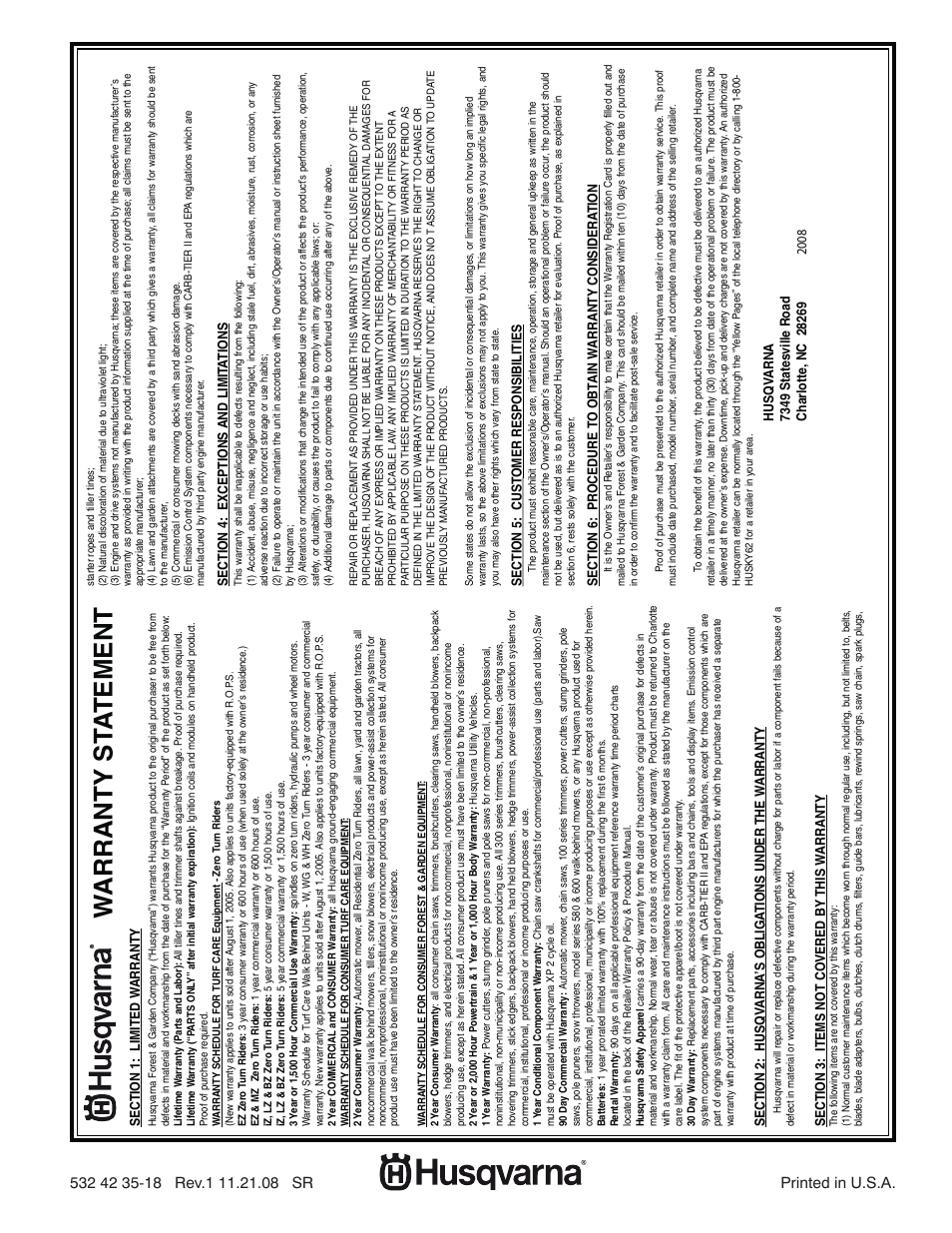 Warranty statement, Warranty st a tement | Husqvarna 1330SB-XLSB User Manual | Page 40 / 40