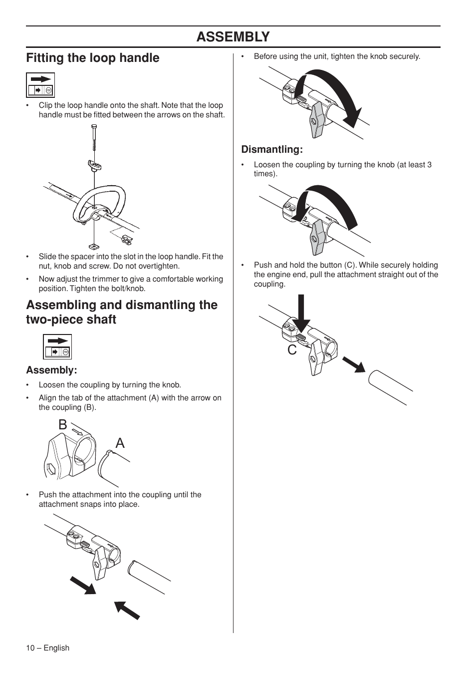 Fitting the loop handle, Assembling and dismantling the two-piece shaft, Assembly | Dismantling | Husqvarna 327LDX-series User Manual | Page 10 / 36