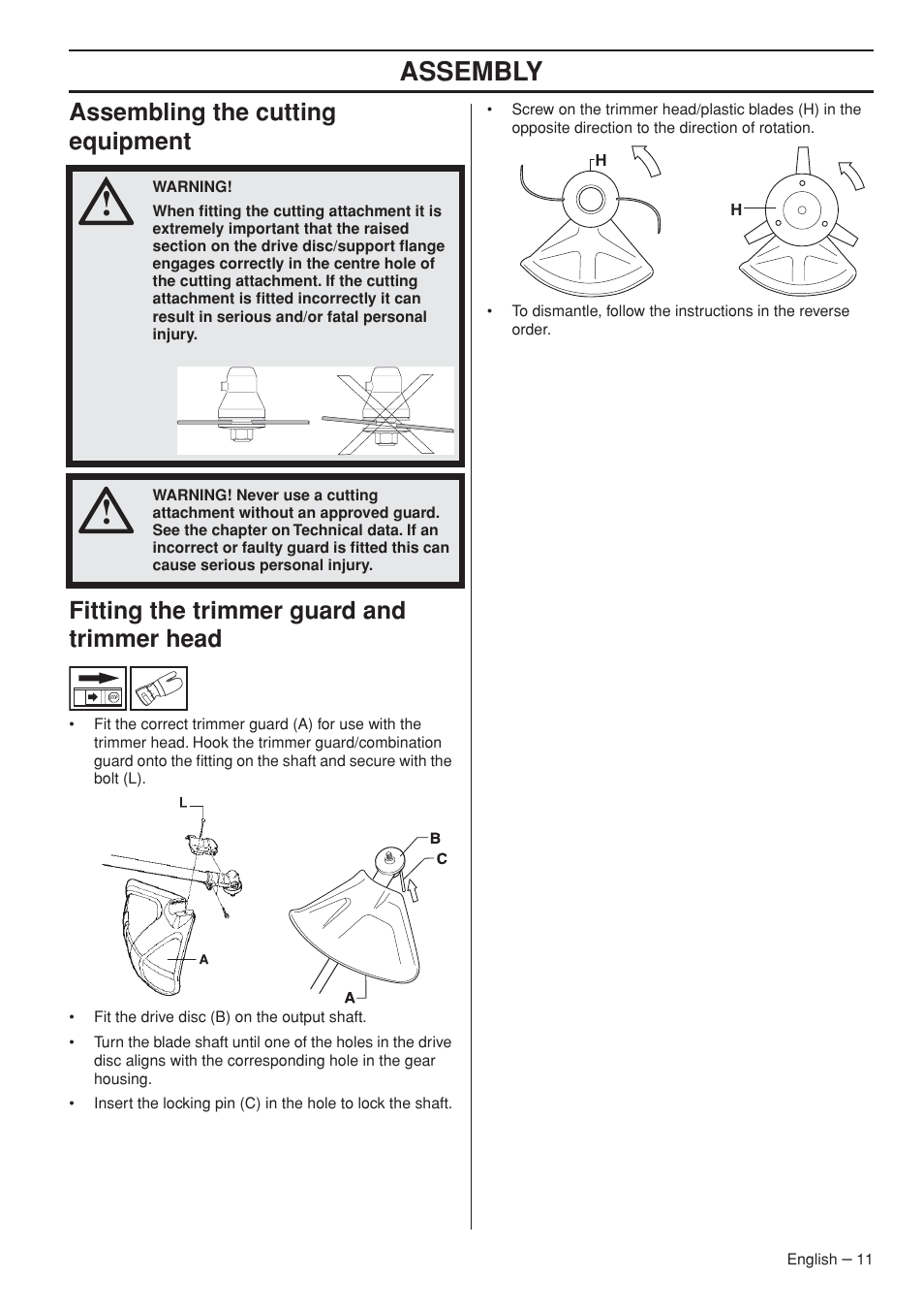 Assembling the cutting equipment, Fitting the trimmer guard and trimmer head, Assembly | Husqvarna 327LDX-series User Manual | Page 11 / 36