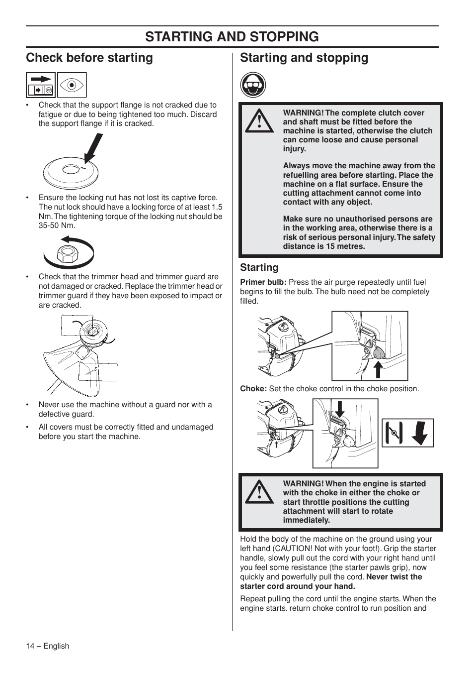 Check before starting, Starting and stopping, Starting | Husqvarna 327LDX-series User Manual | Page 14 / 36