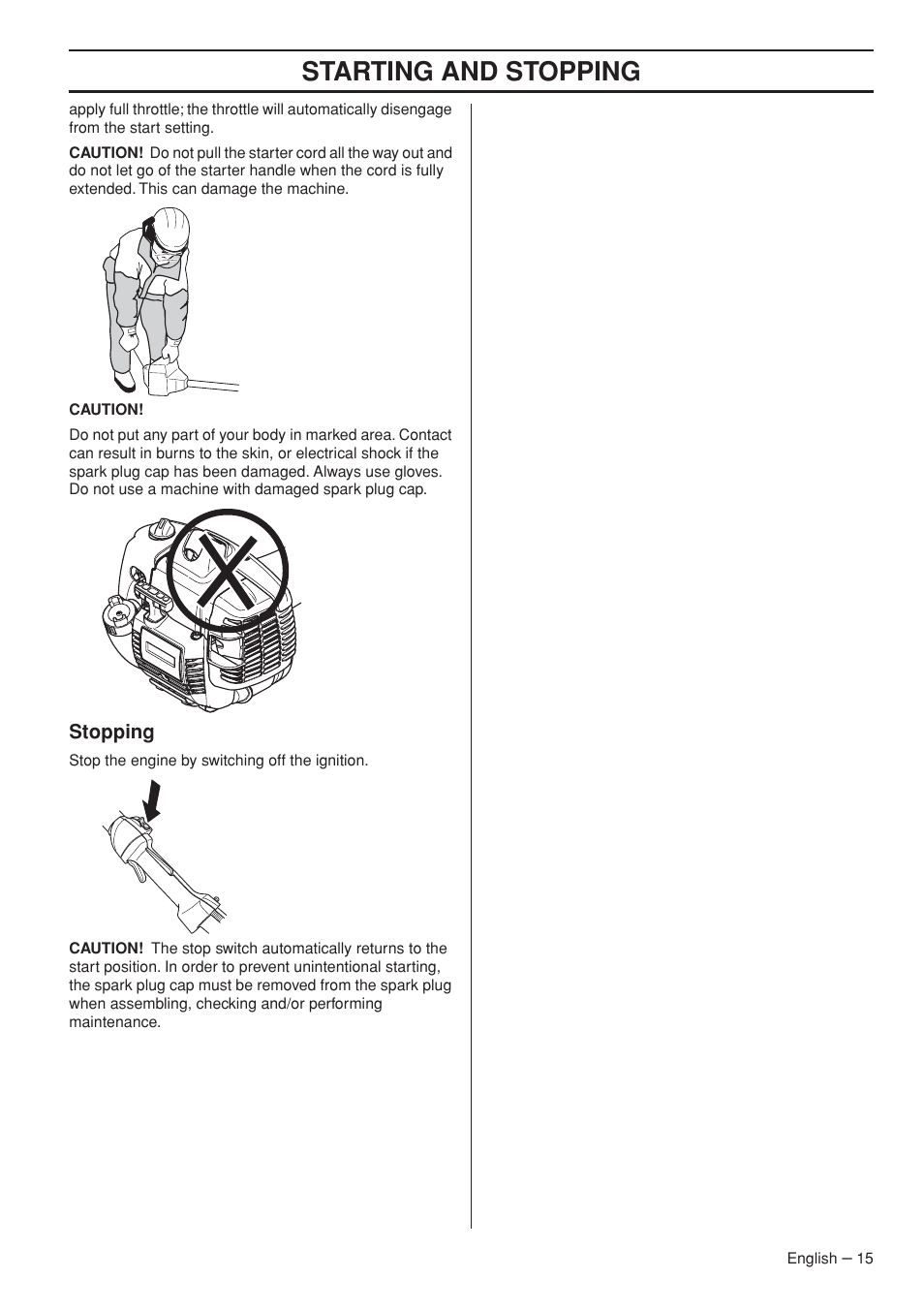 Stopping, Starting and stopping | Husqvarna 327LDX-series User Manual | Page 15 / 36