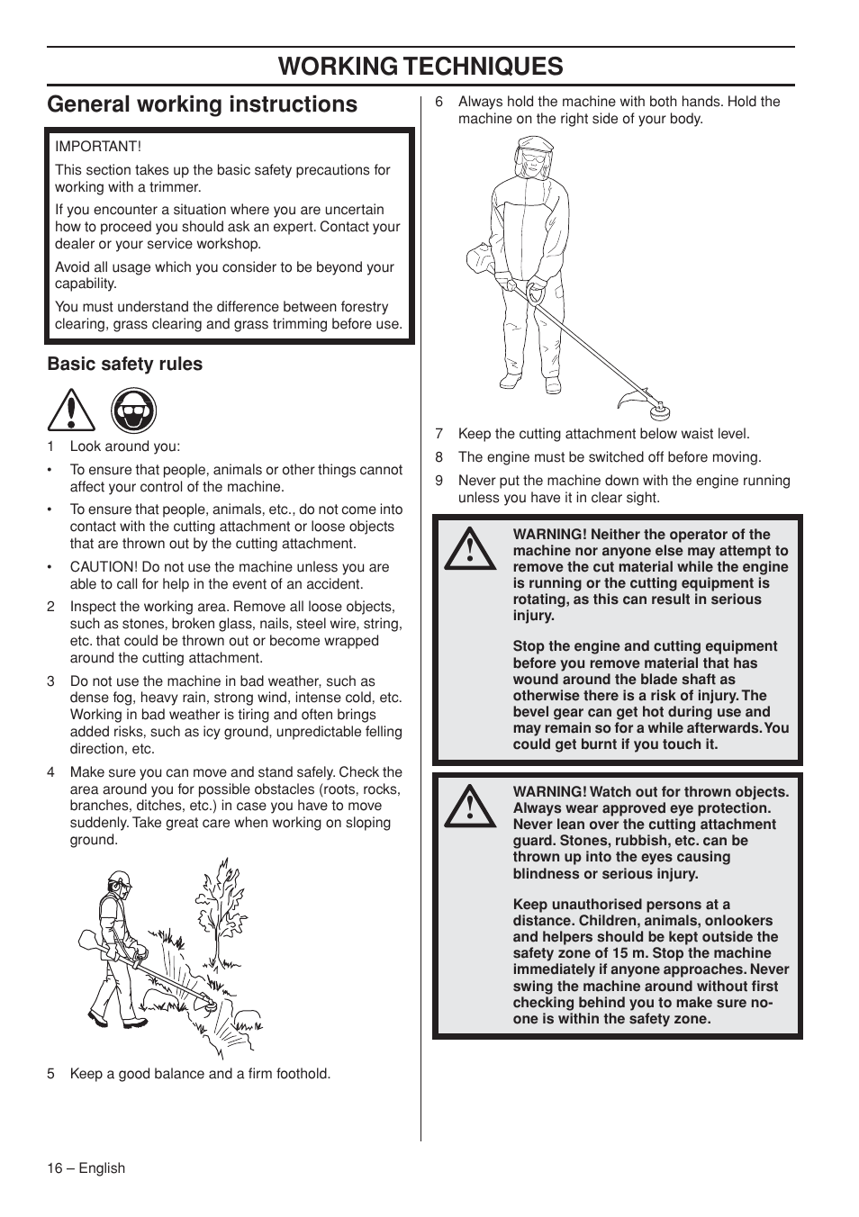 General working instructions, Basic safety rules, Working techniques | Husqvarna 327LDX-series User Manual | Page 16 / 36
