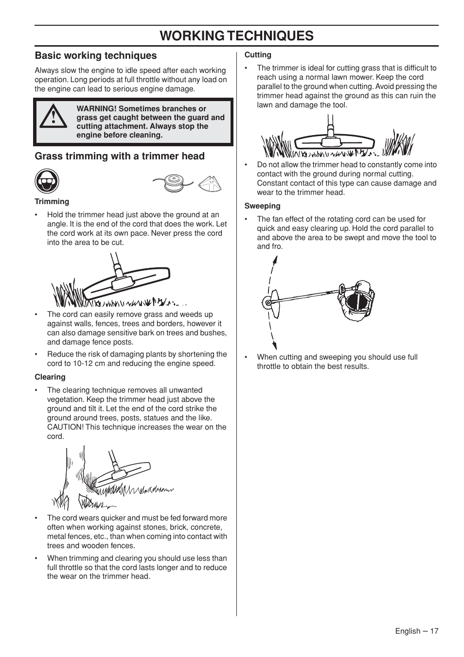 Basic working techniques, Grass trimming with a trimmer head, Working techniques | Husqvarna 327LDX-series User Manual | Page 17 / 36