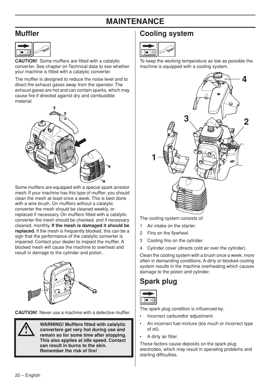 Muffler, Cooling system, Spark plug | Maintenance | Husqvarna 327LDX-series User Manual | Page 20 / 36