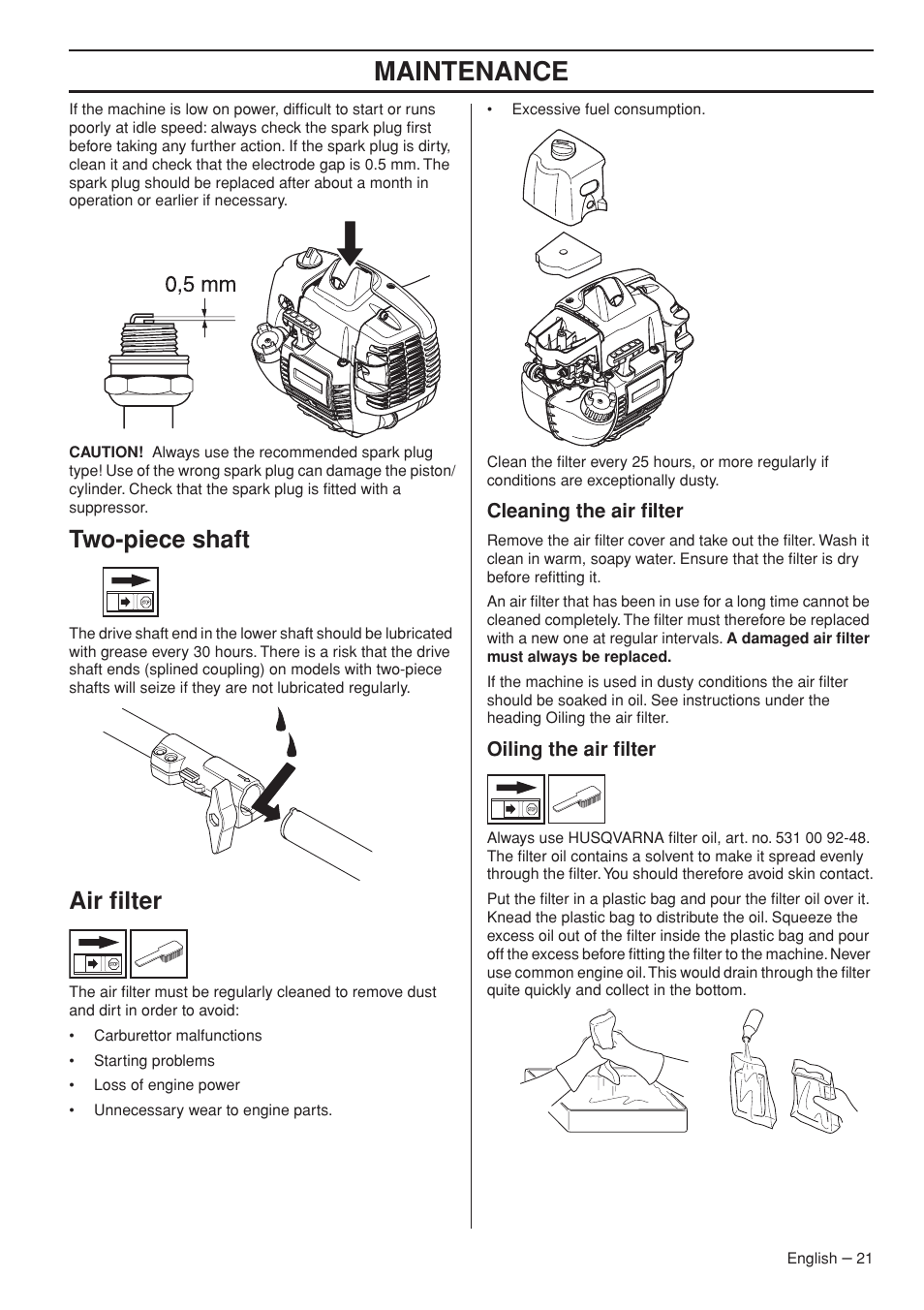 Two-piece shaft, Air filter, Cleaning the air filter | Oiling the air filter, Maintenance | Husqvarna 327LDX-series User Manual | Page 21 / 36