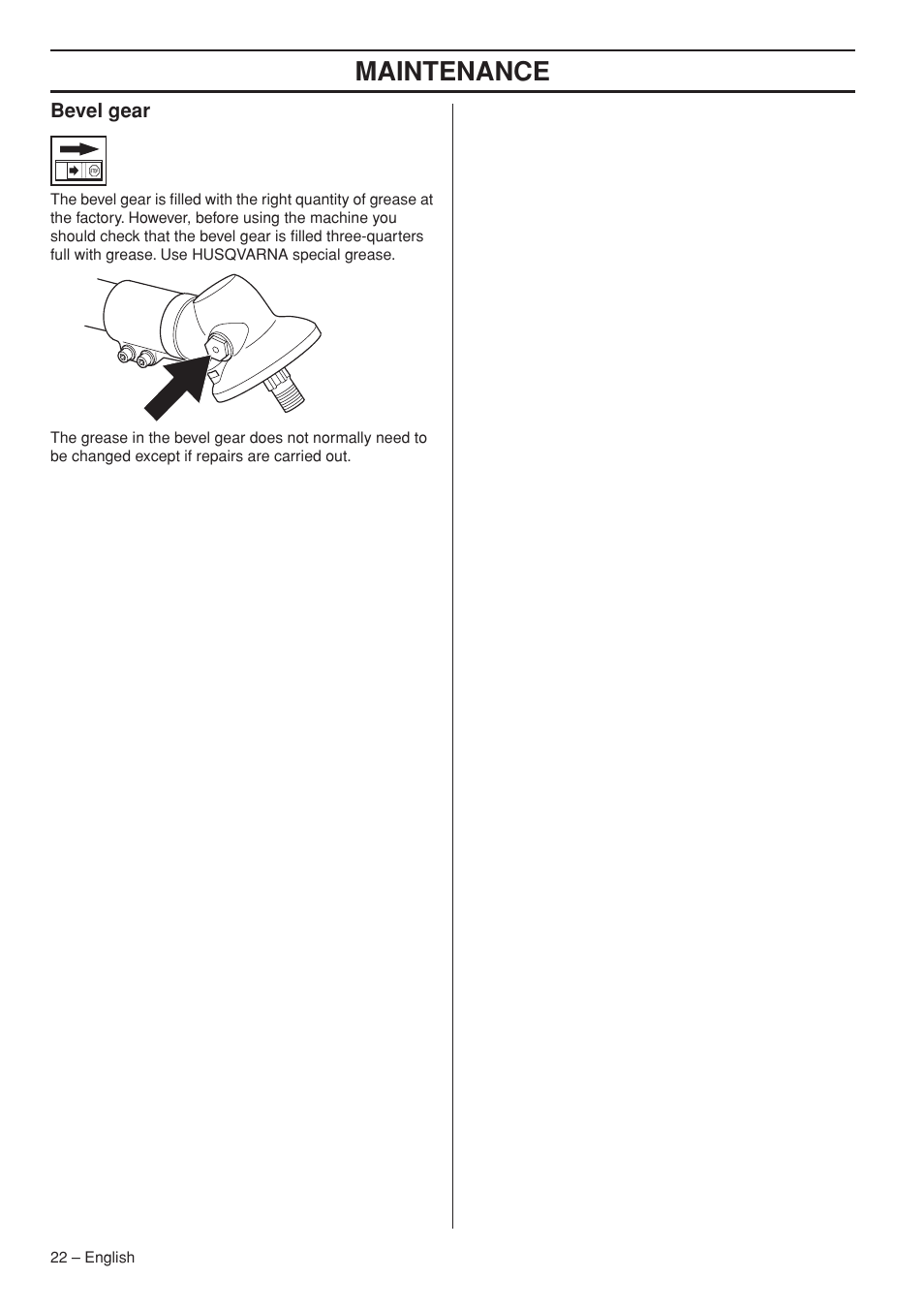 Bevel gear, Maintenance | Husqvarna 327LDX-series User Manual | Page 22 / 36