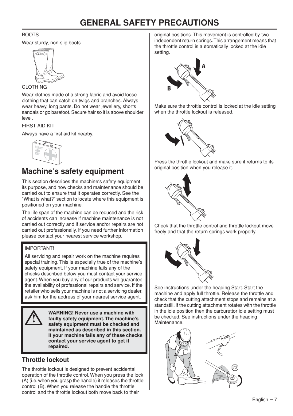 Machine¢s safety equipment, Throttle lockout, General safety preca utions | Mac hine ′ s safety equipment | Husqvarna 327LDX-series User Manual | Page 7 / 36