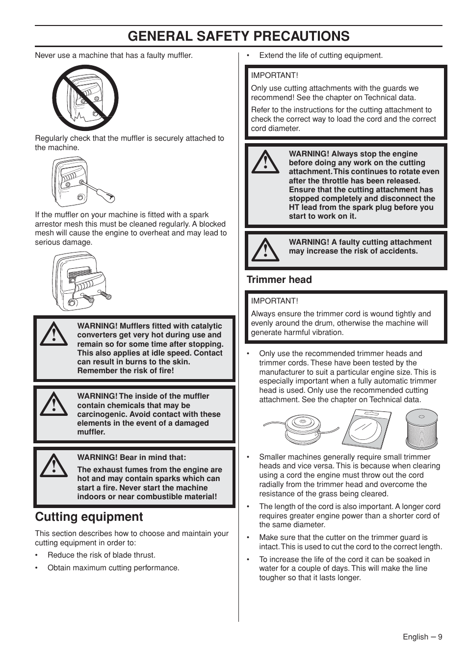 Cutting equipment, Trimmer head, General safety precautions | Husqvarna 327LDX-series User Manual | Page 9 / 36