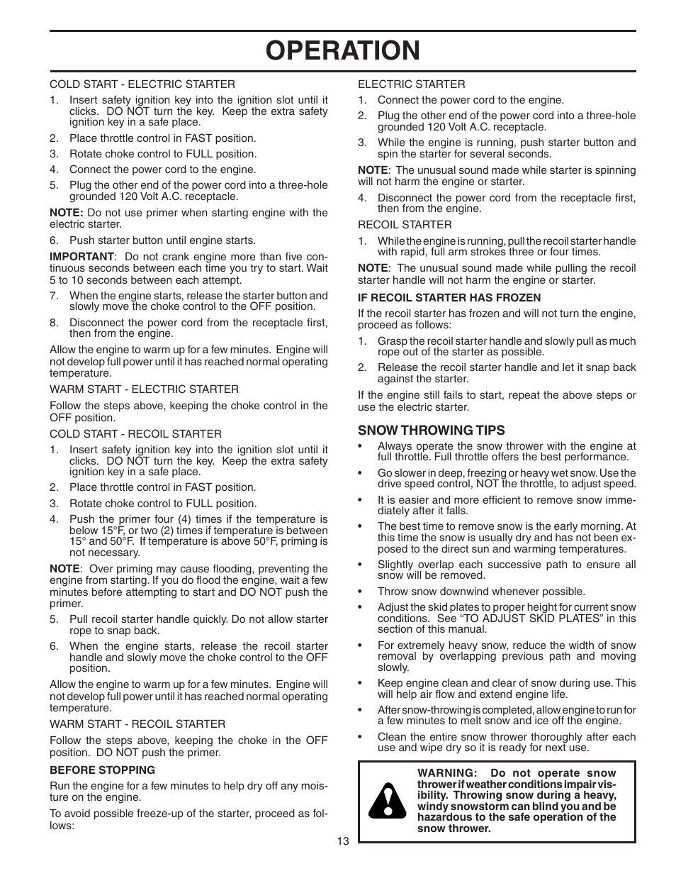 Operation | Husqvarna 1027STE User Manual | Page 13 / 32