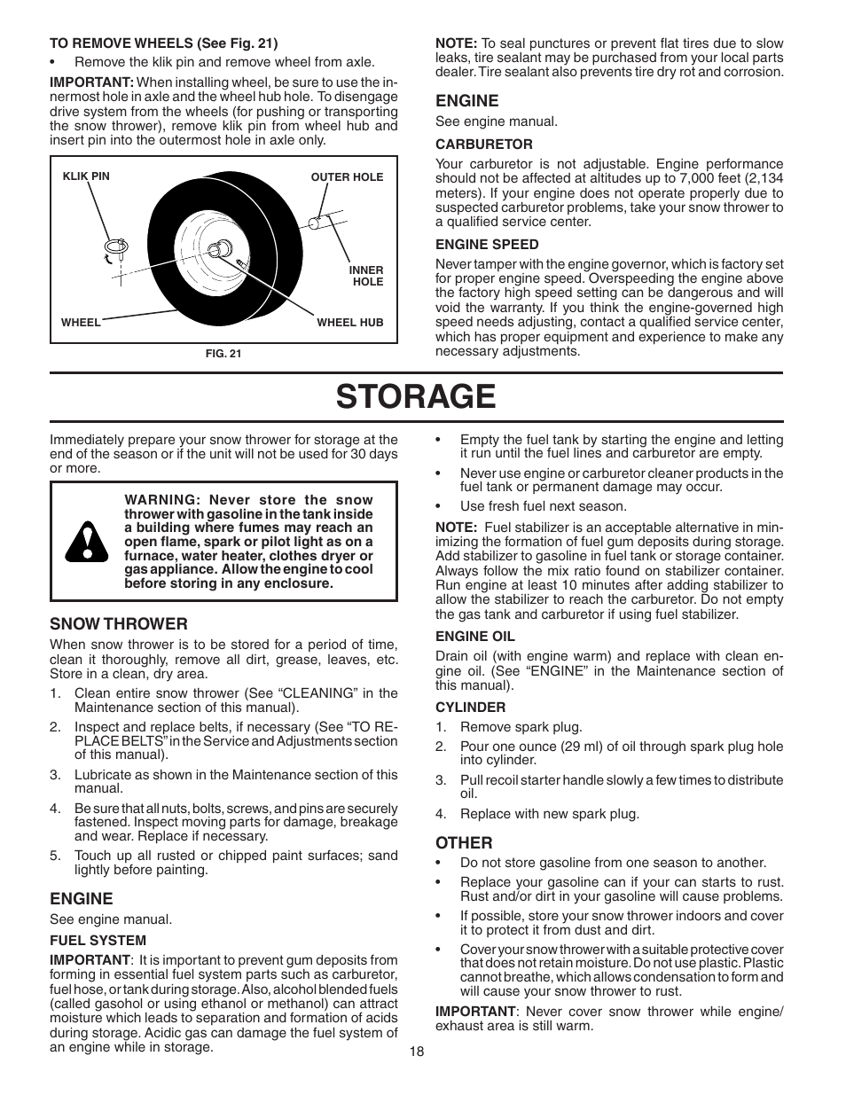 Storage | Husqvarna 1027STE User Manual | Page 18 / 32