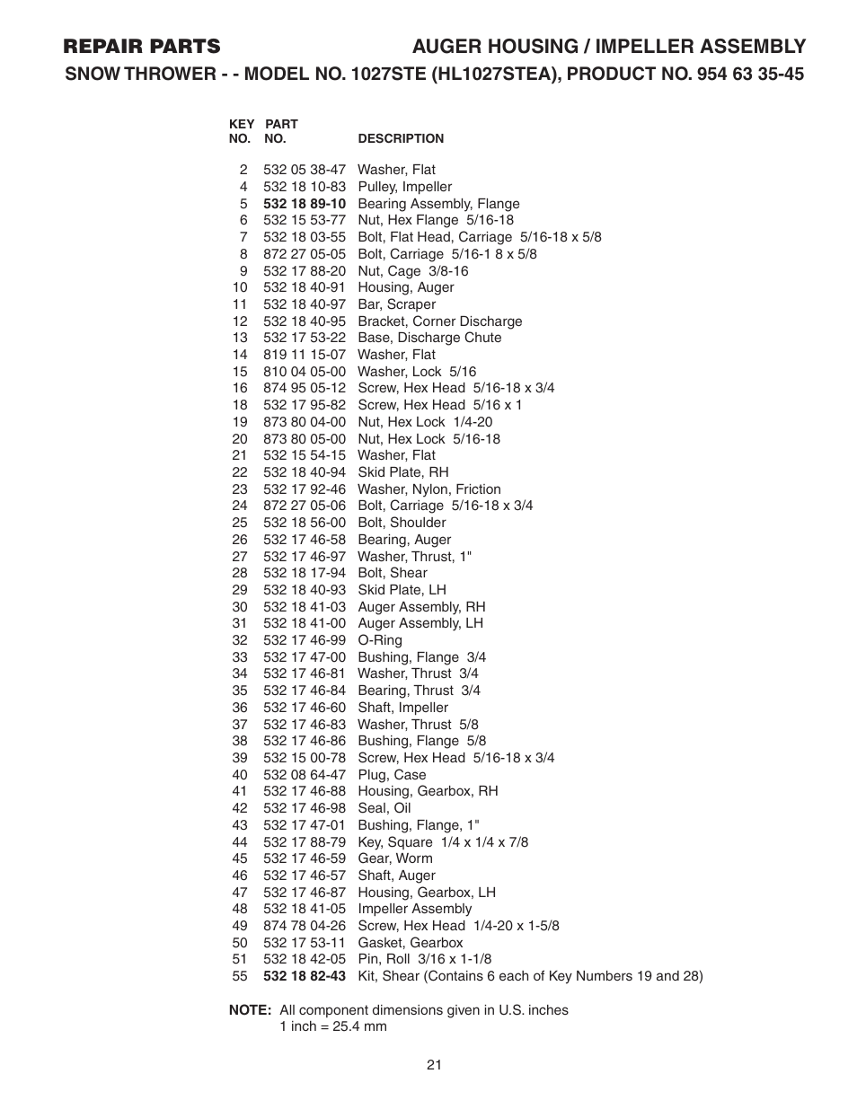 Parts list, Repair parts auger housing / impeller assembly | Husqvarna 1027STE User Manual | Page 21 / 32