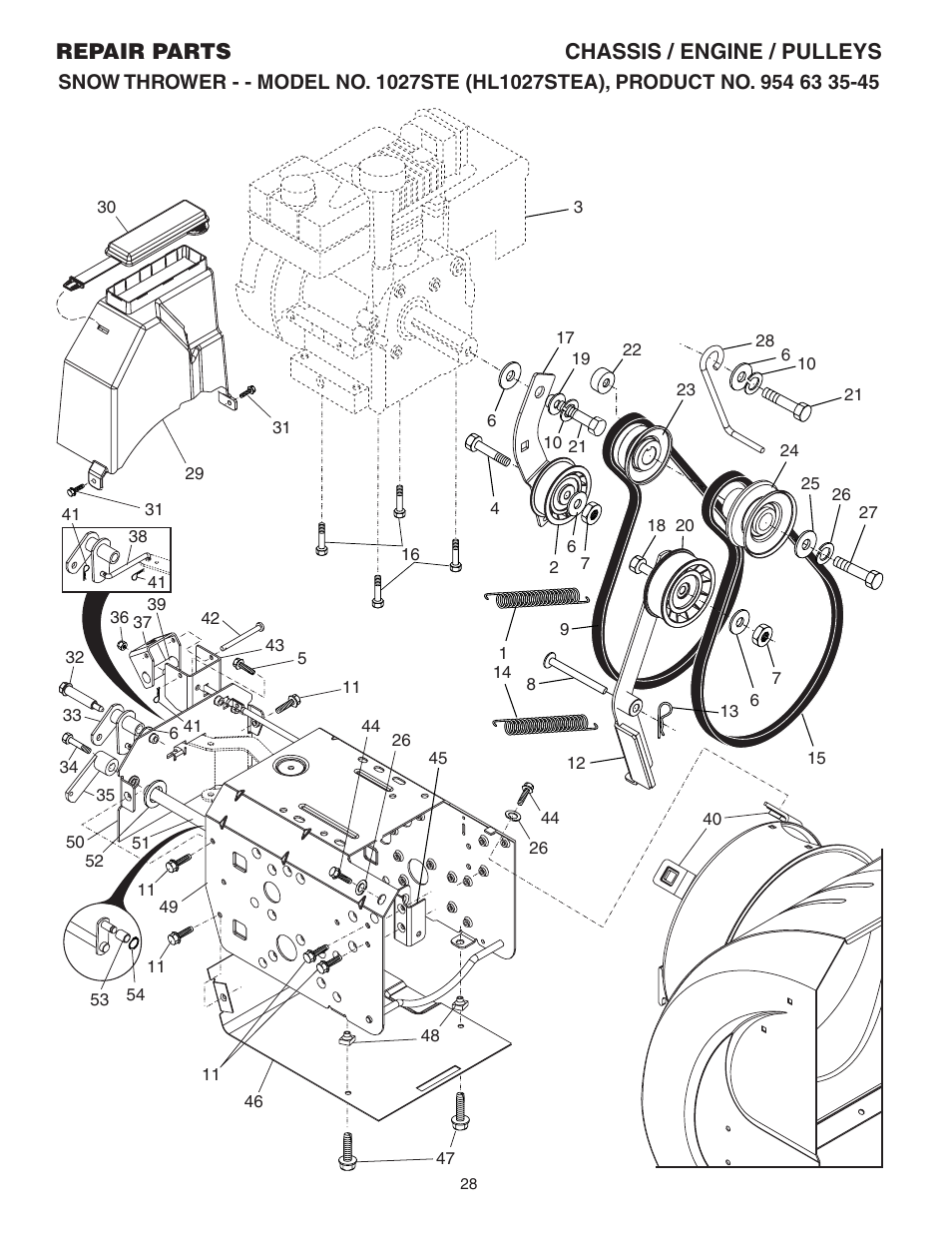 Chassis/ engine/ pulleys, Repair parts chassis / engine / pulleys | Husqvarna 1027STE User Manual | Page 28 / 32