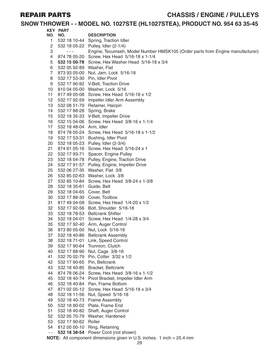 Parts list, Repair parts chassis / engine / pulleys | Husqvarna 1027STE User Manual | Page 29 / 32