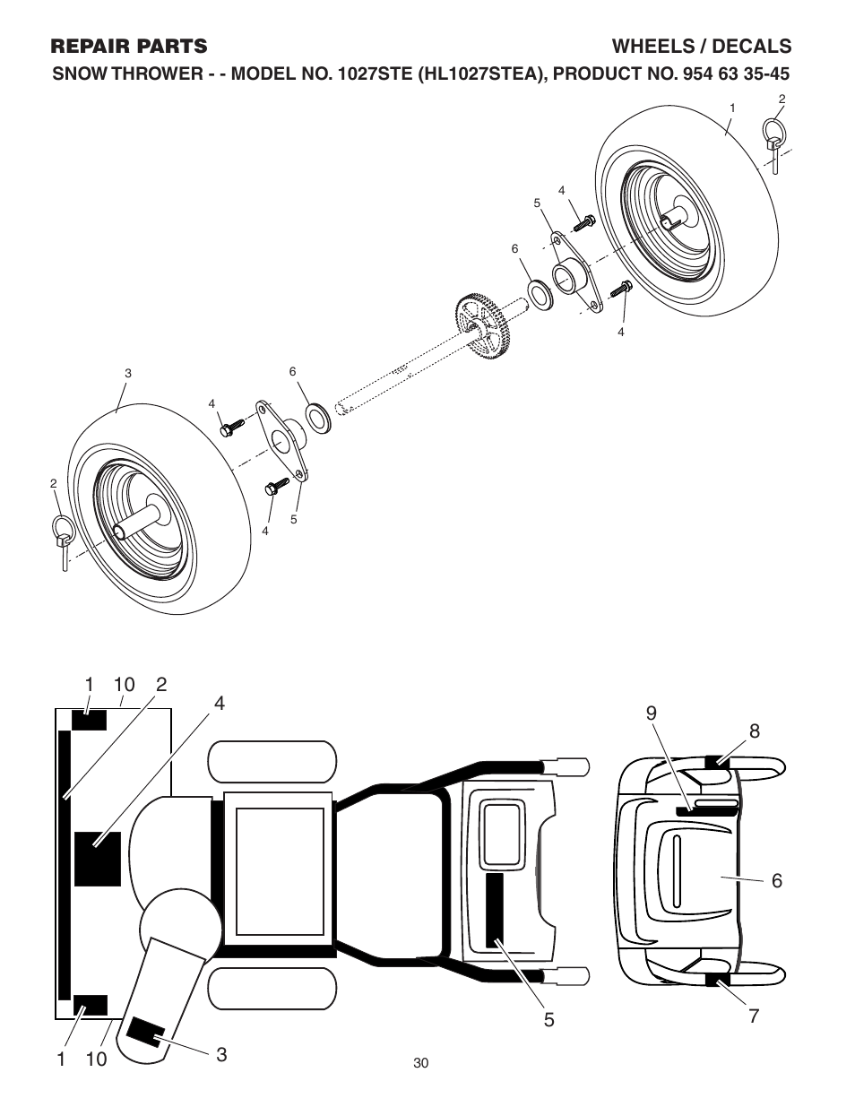 Wheels/ decals, Repair parts wheels / decals | Husqvarna 1027STE User Manual | Page 30 / 32