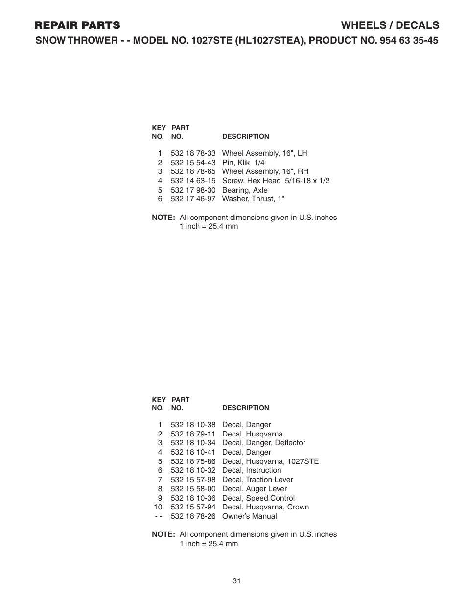 Parts list, Repair parts wheels / decals | Husqvarna 1027STE User Manual | Page 31 / 32