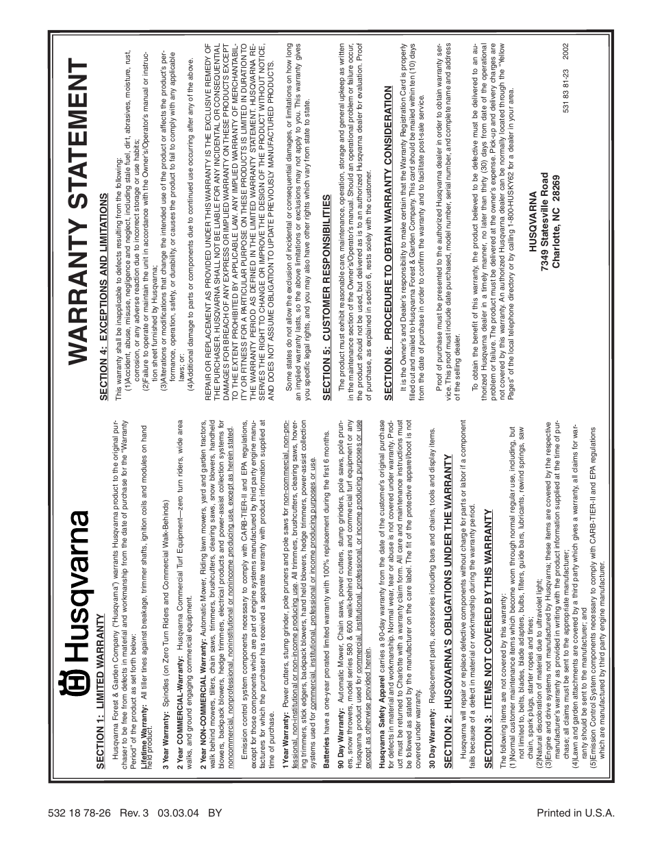 Wa r ranty st a tement | Husqvarna 1027STE User Manual | Page 32 / 32