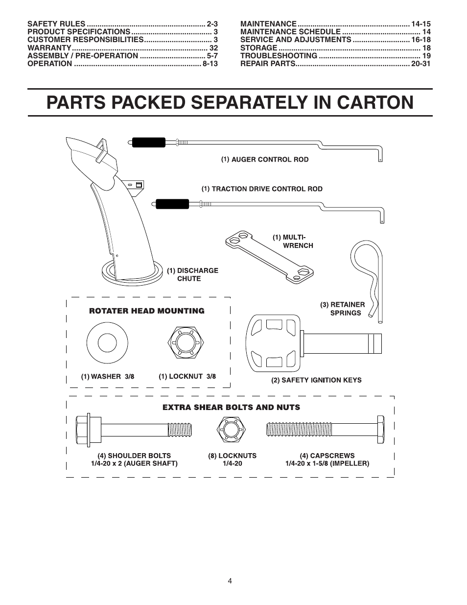 Unassembled parts, Parts packed separately in carton | Husqvarna 1027STE User Manual | Page 4 / 32